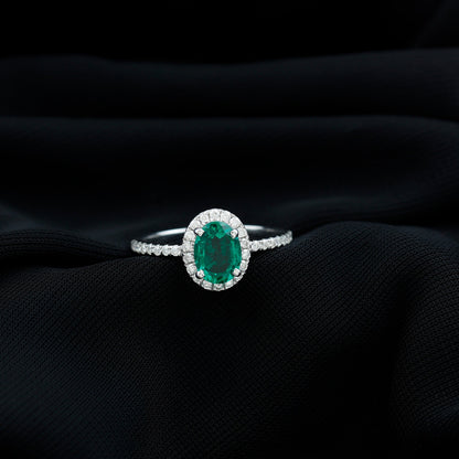 Classic Lab Grown Emerald Oval Engagement Ring with Diamond Halo
