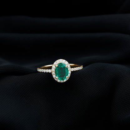 Classic Lab Grown Emerald Oval Engagement Ring with Diamond Halo
