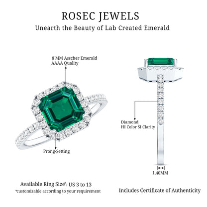 AAAA Quality Lab Created Emerald Asscher Cut Engagement Ring with Diamond