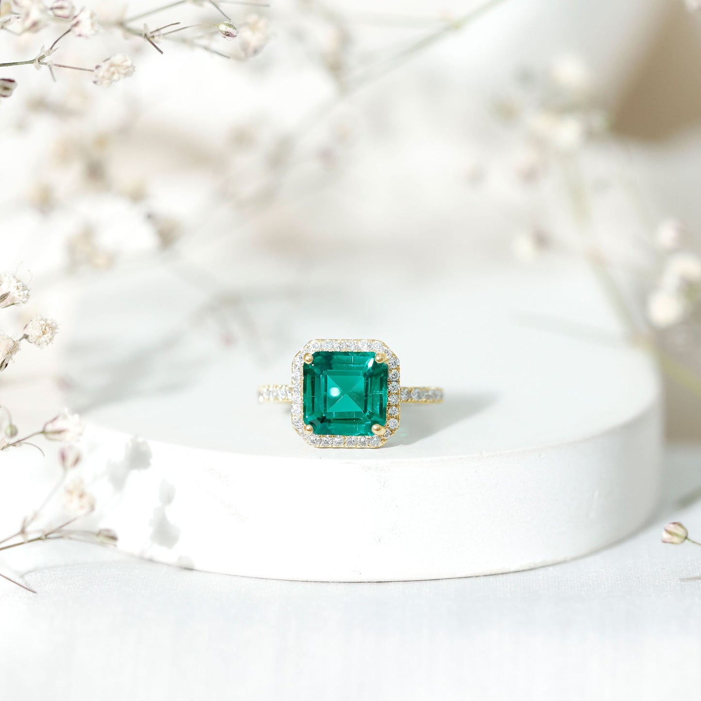AAAA Quality Lab Created Emerald Asscher Cut Engagement Ring with Diamond