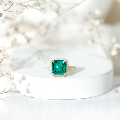 AAAA Quality Lab Created Emerald Asscher Cut Engagement Ring with Diamond