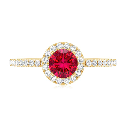 0.6 Carat Lab Created Ruby and Diamond Halo Engagement Ring