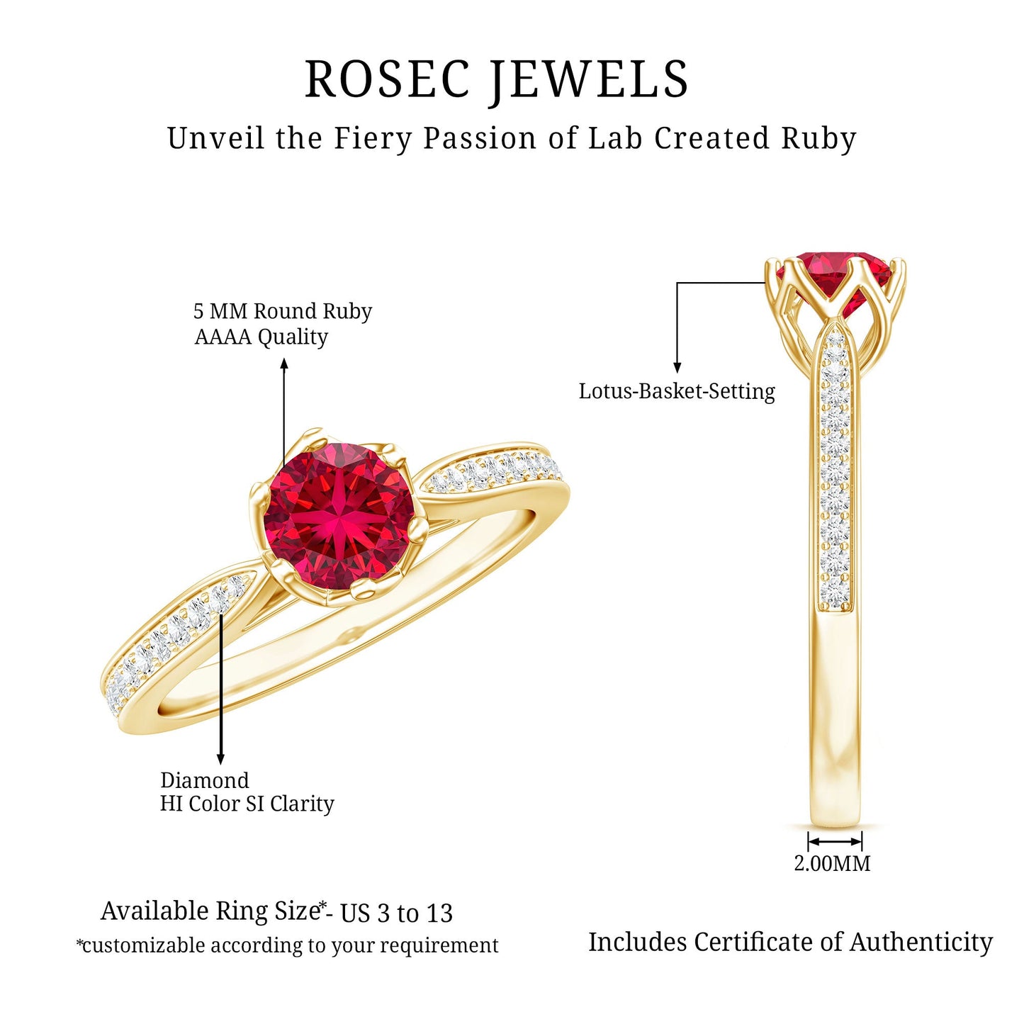 0.6 Carat Round Shape Lab Created Ruby Solitaire Engagement Ring with Diamond