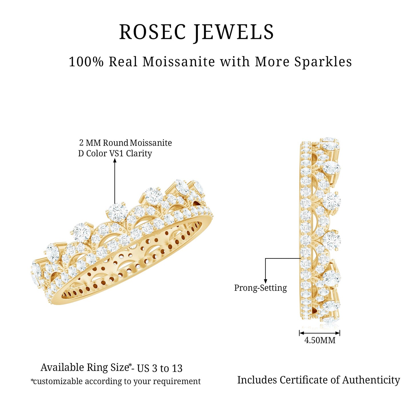 Round Cut Certified Moissanite Crown Wedding Band for Women