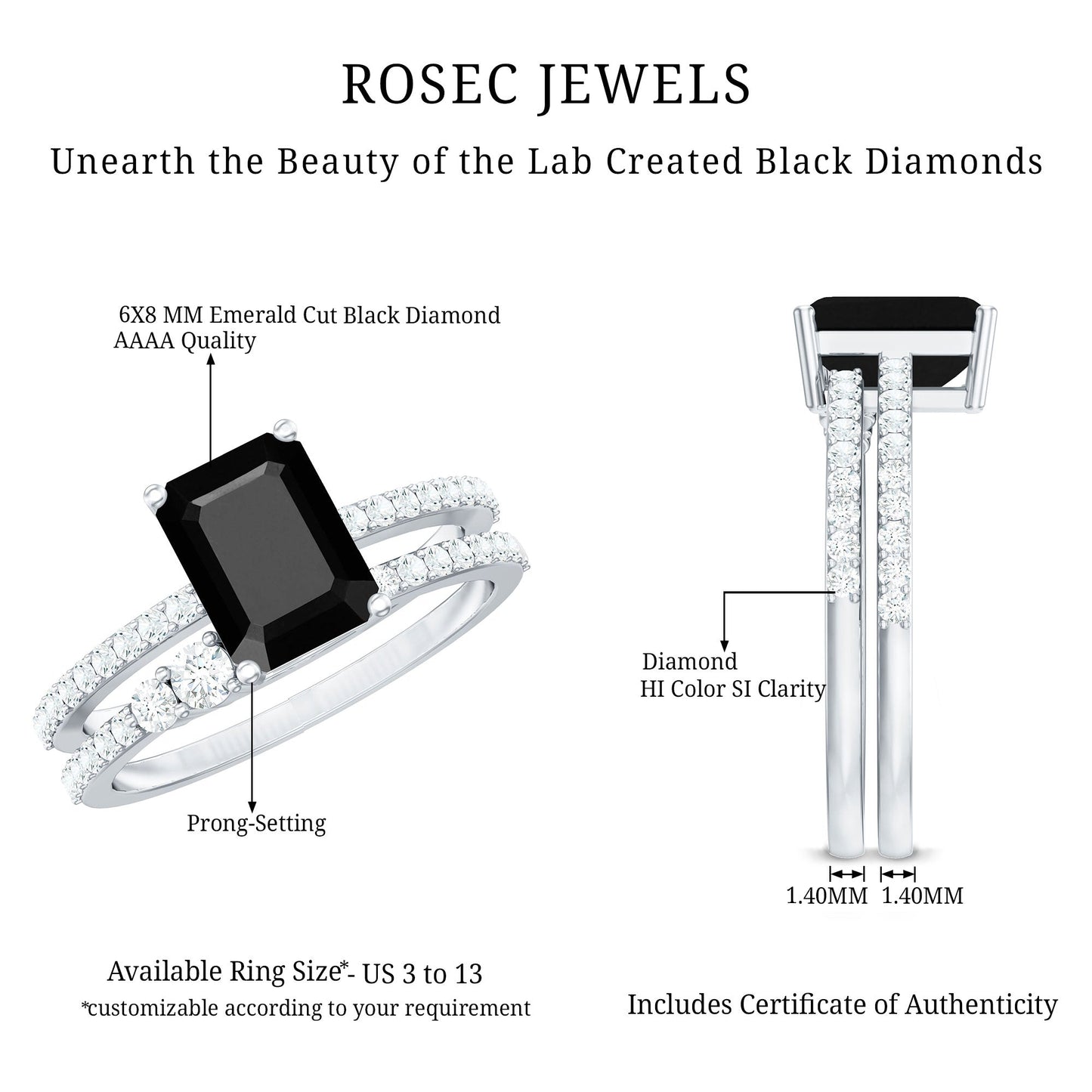 Emerald Cut Created Black Diamond Ring Set with Diamond