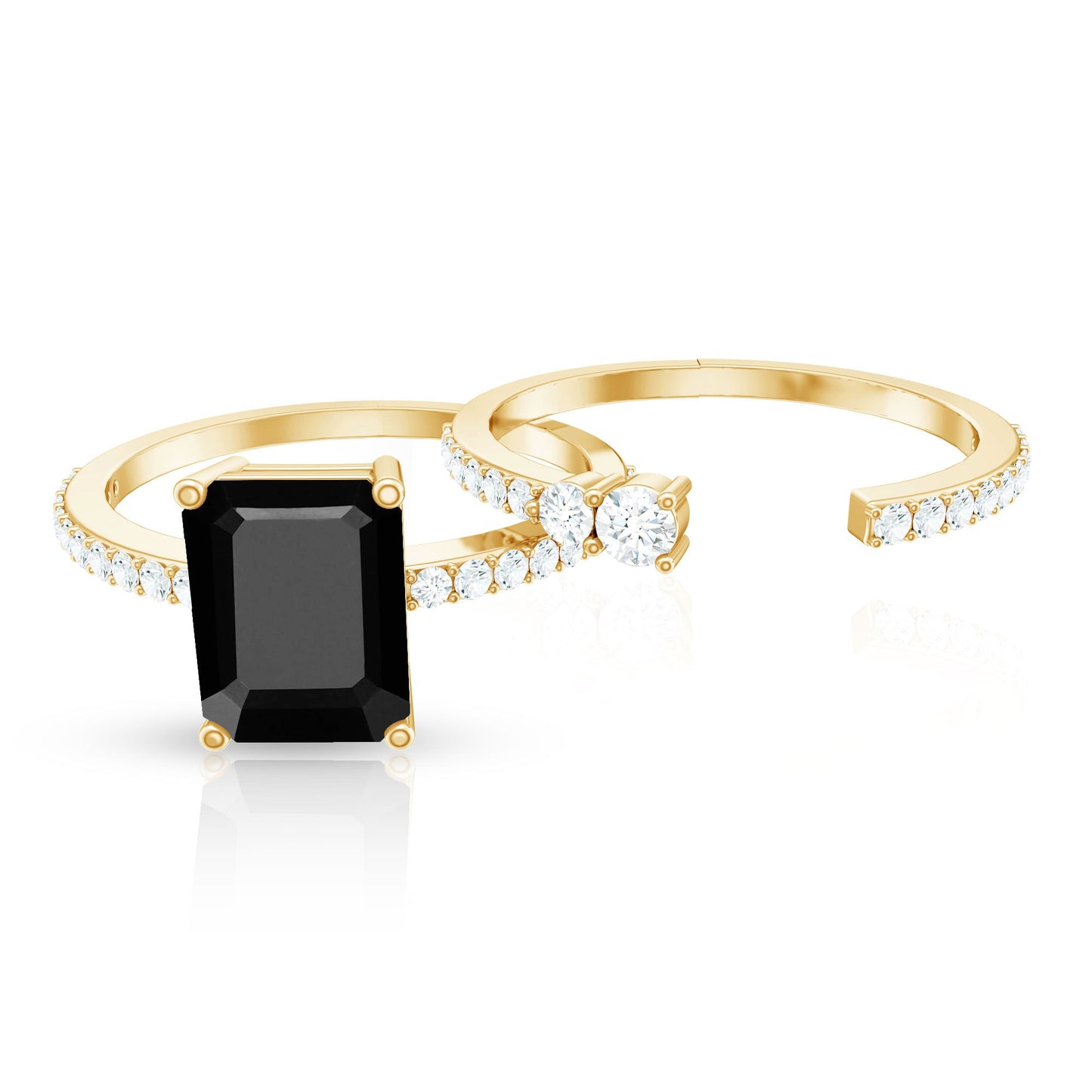 Emerald Cut Created Black Diamond Ring Set with Diamond