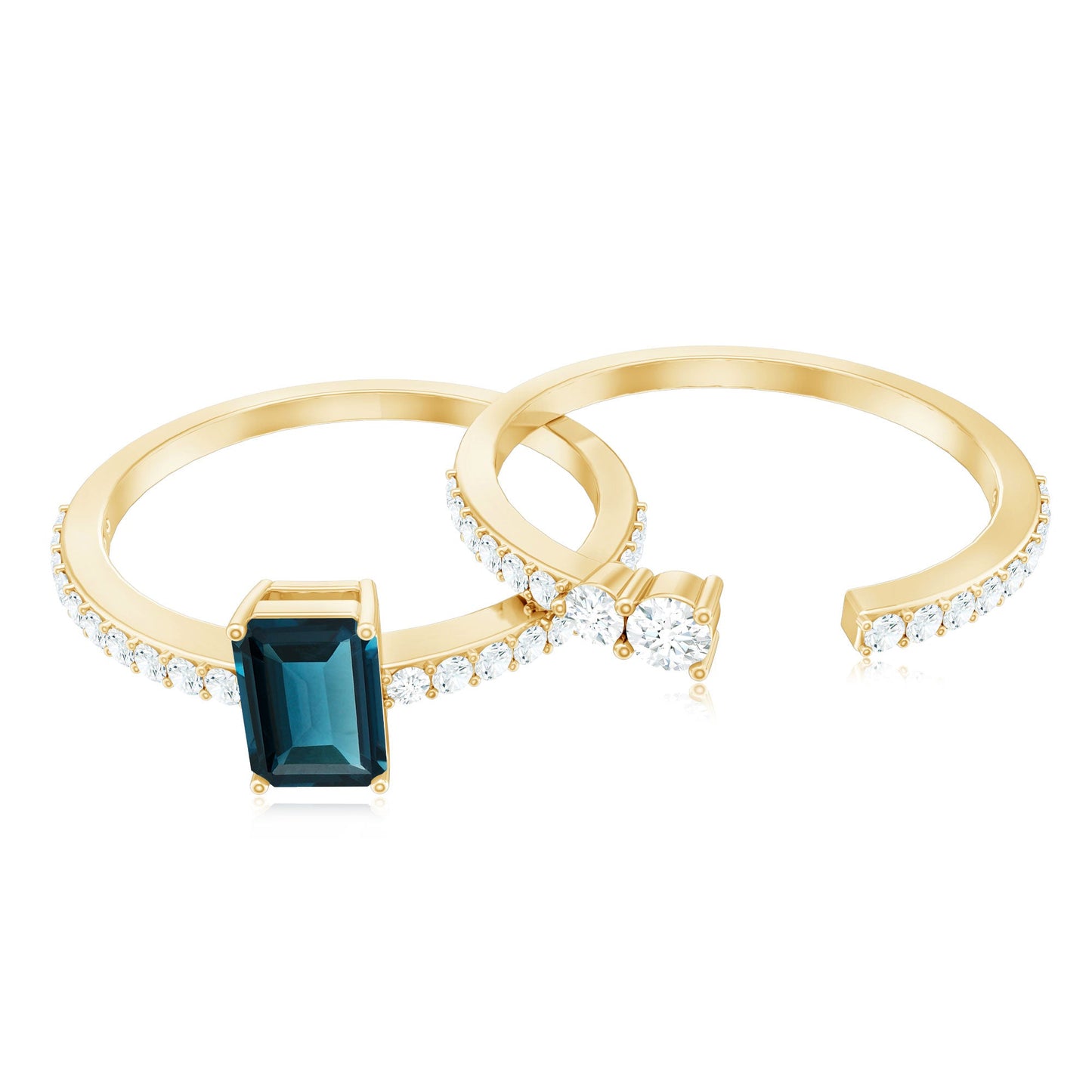 0.7 Carat Emerald Cut London Blue Topaz Wedding Ring Set with Diamond