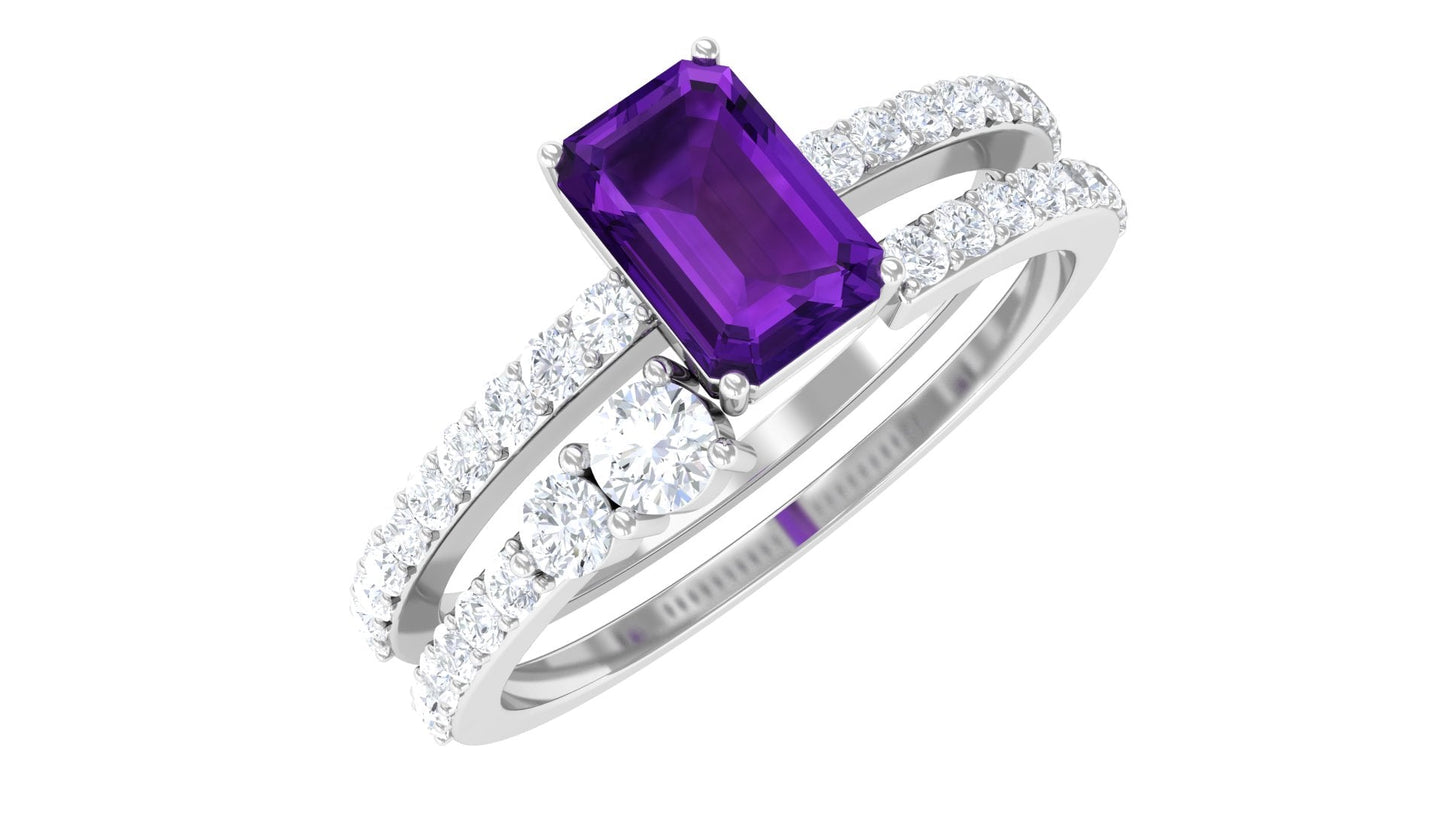 Natural 1.4 Carat Emerald Cut Amethyst Diamond Wedding Bridal Ring Set