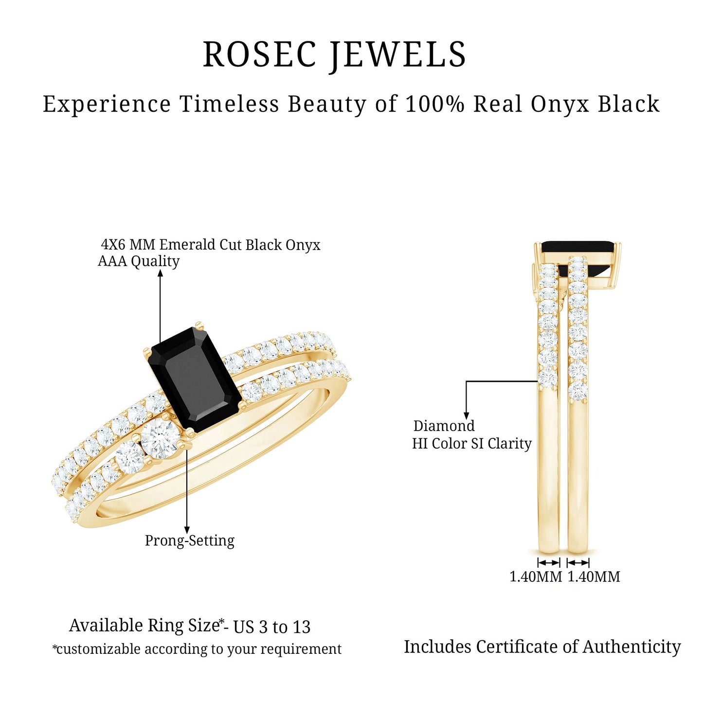 Emerald Cut Black Onyx and Diamond Bridal Ring Set