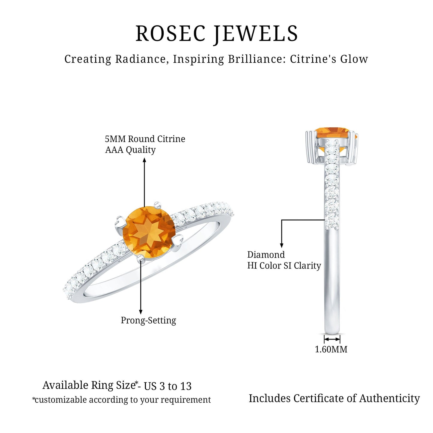 Natural Citrine Promise Ring with Diamond