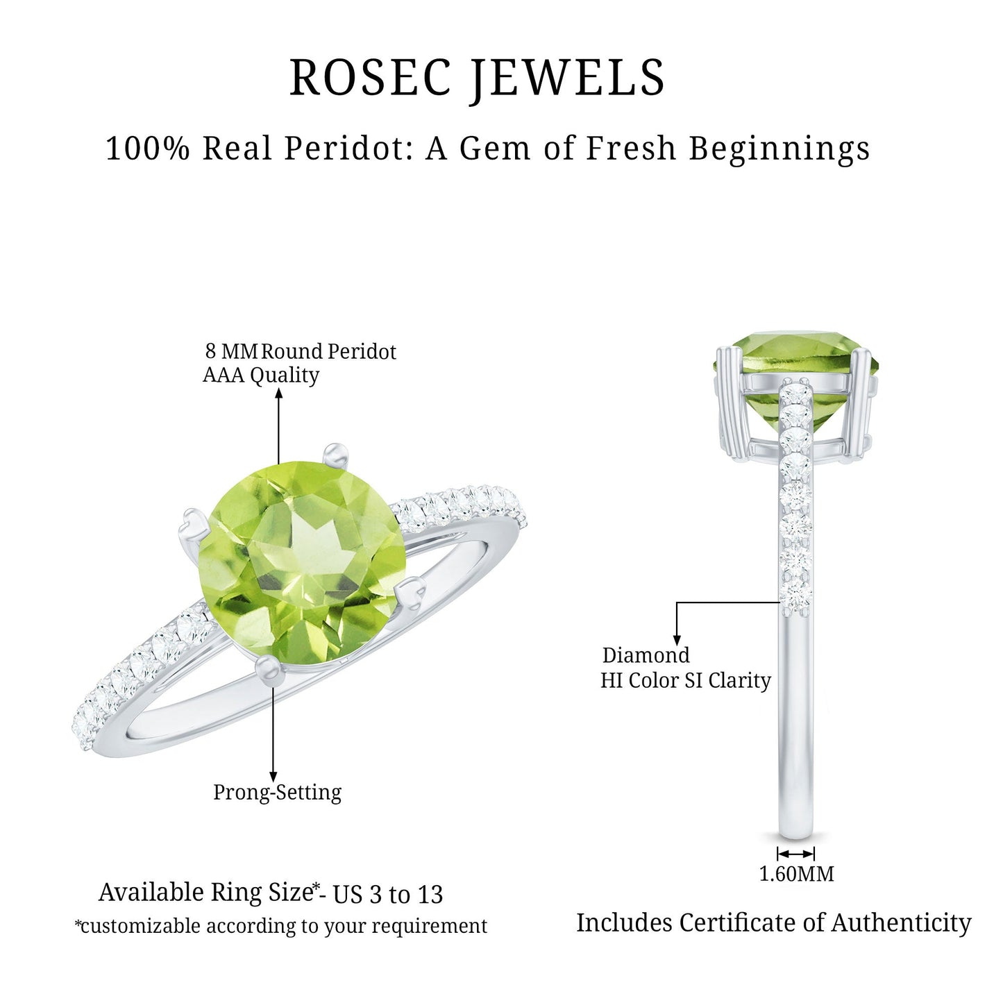 Natural 2 Carat Peridot Engagement Ring with Diamond