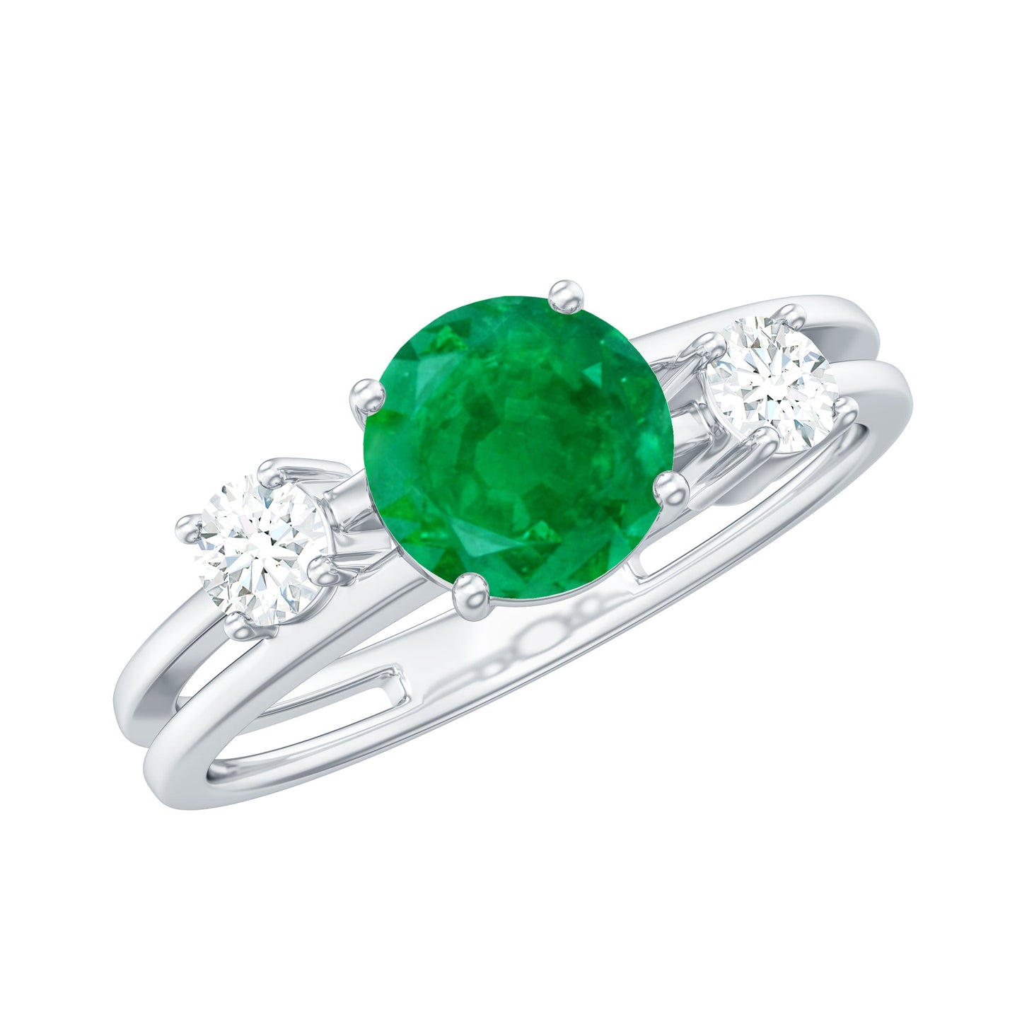 Natural Emerald Diamond Three Stone Engagement Ring