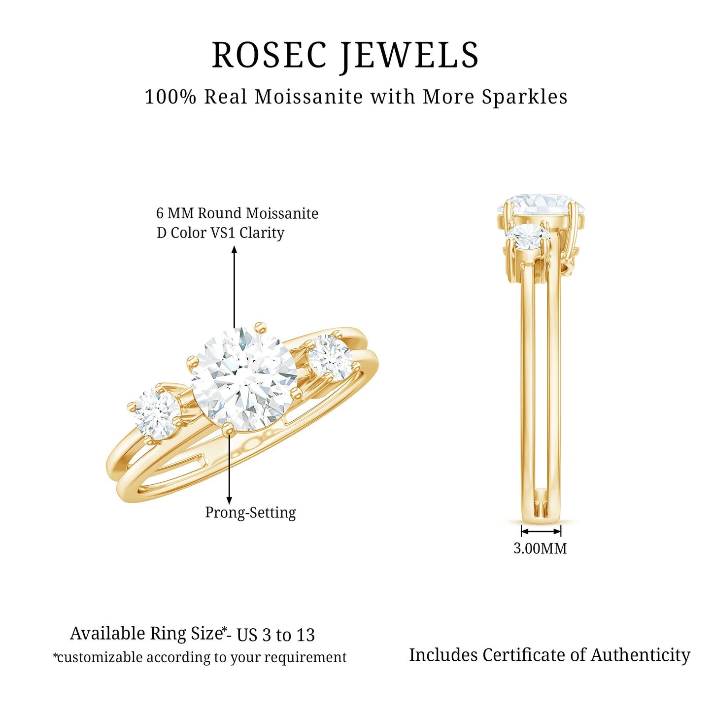 0.9 Carat Brilliant Cut Moissanite 3 Stone Engagement Ring with Double Band