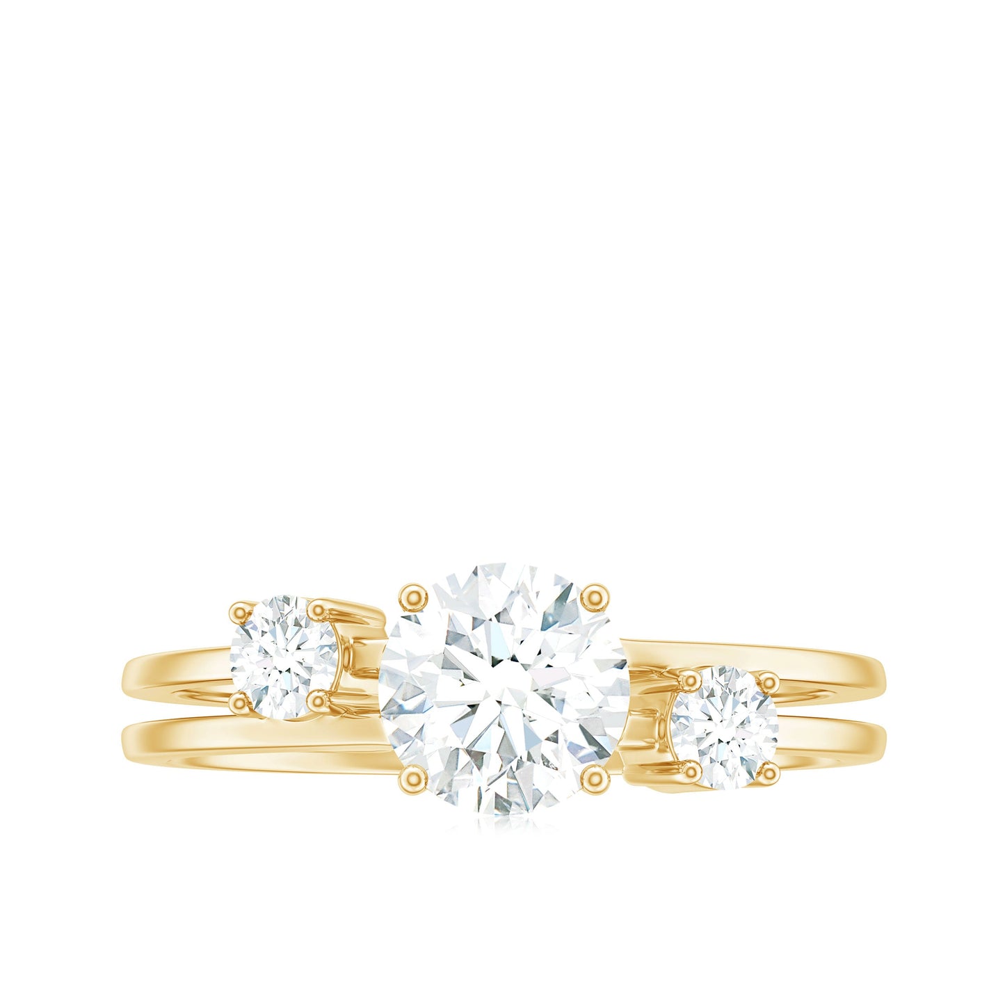 0.9 Carat Brilliant Cut Moissanite 3 Stone Engagement Ring with Double Band