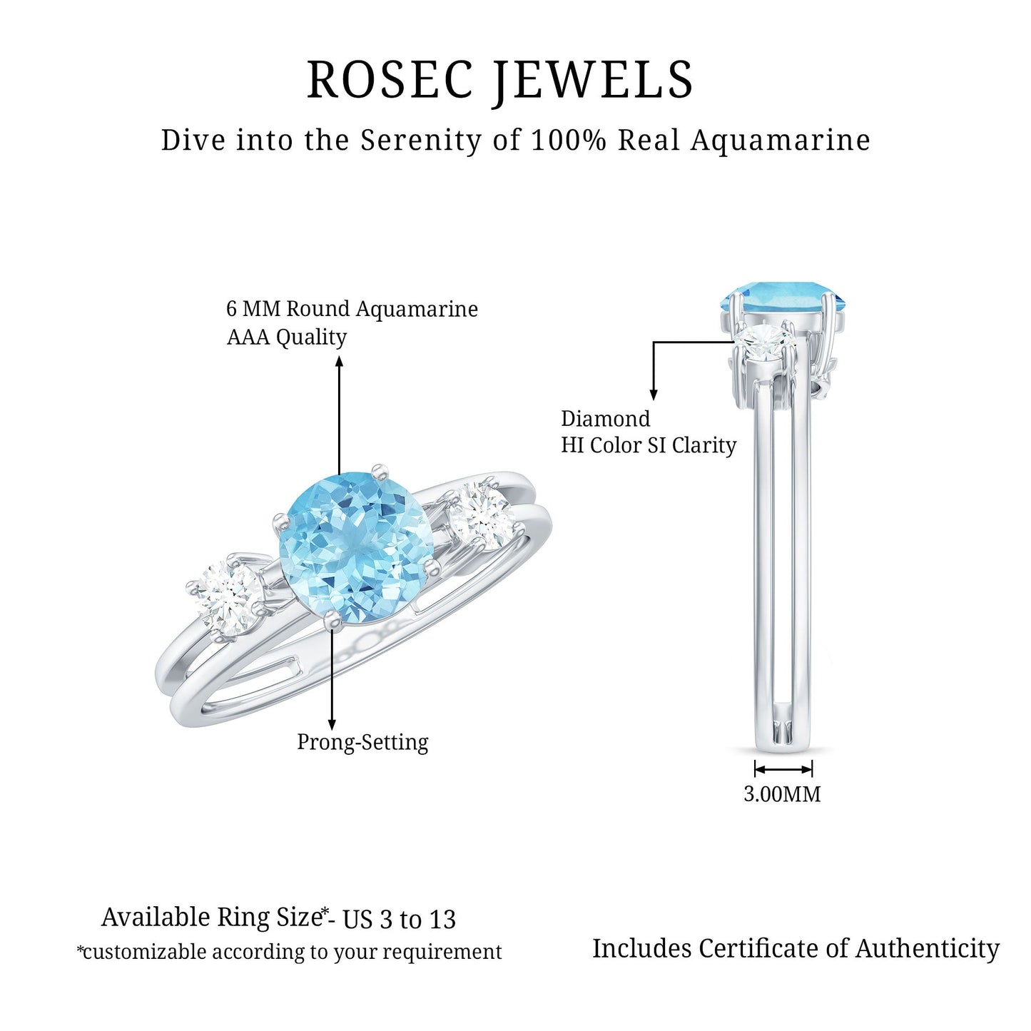 0.8 Carat Aquamarine and Diamond 3 Stone Engagement Ring with Double Band Shank