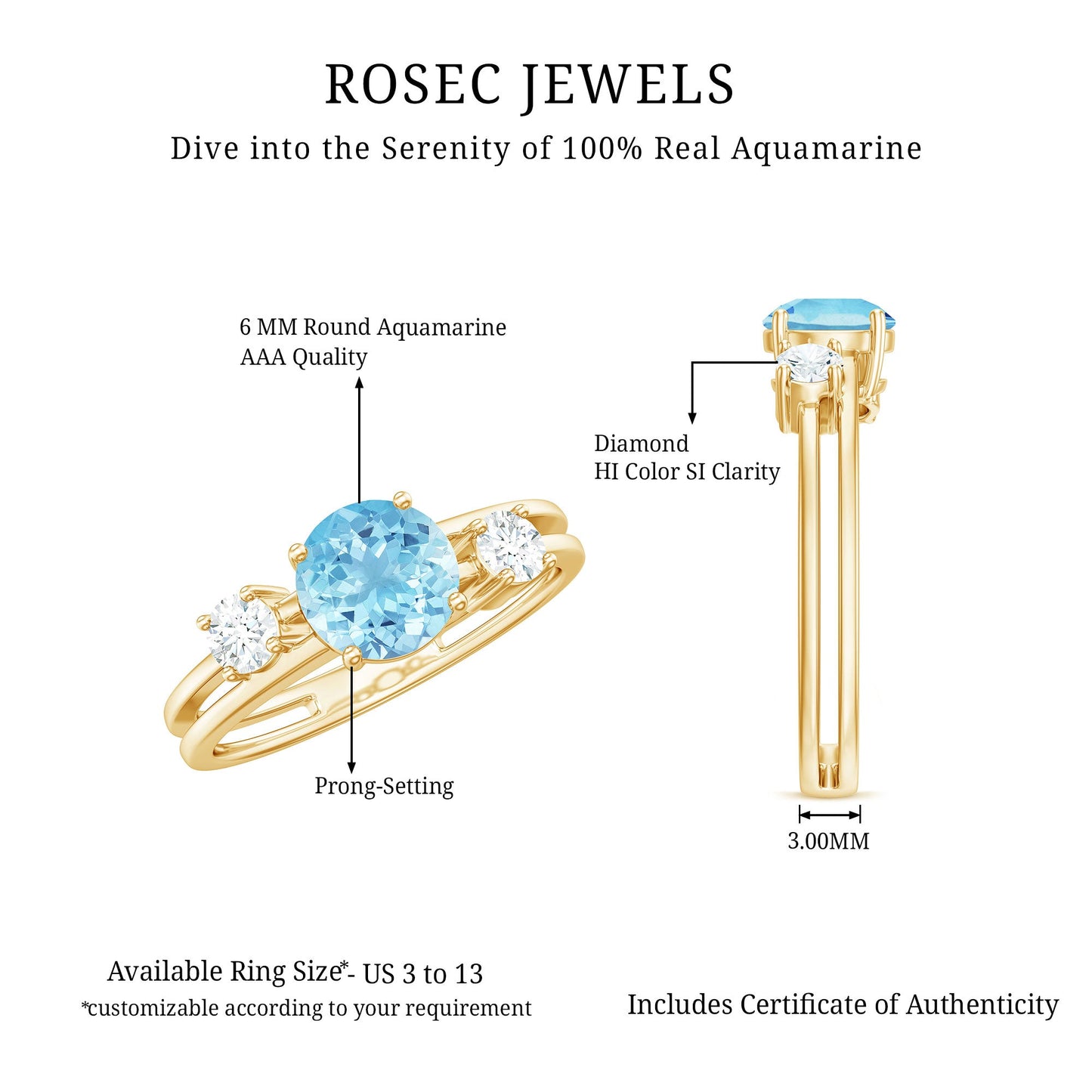 0.8 Carat Aquamarine and Diamond 3 Stone Engagement Ring with Double Band Shank