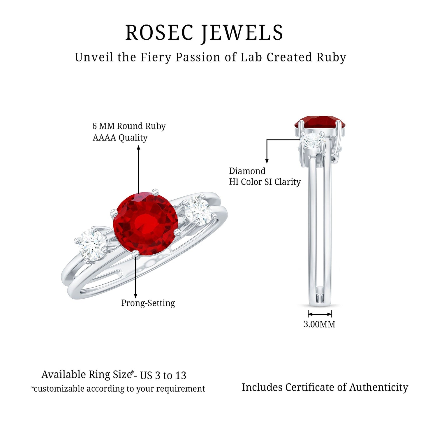 Certified 1.3 Carat Lab Grown Ruby Double Band Engagement Ring with Diamond