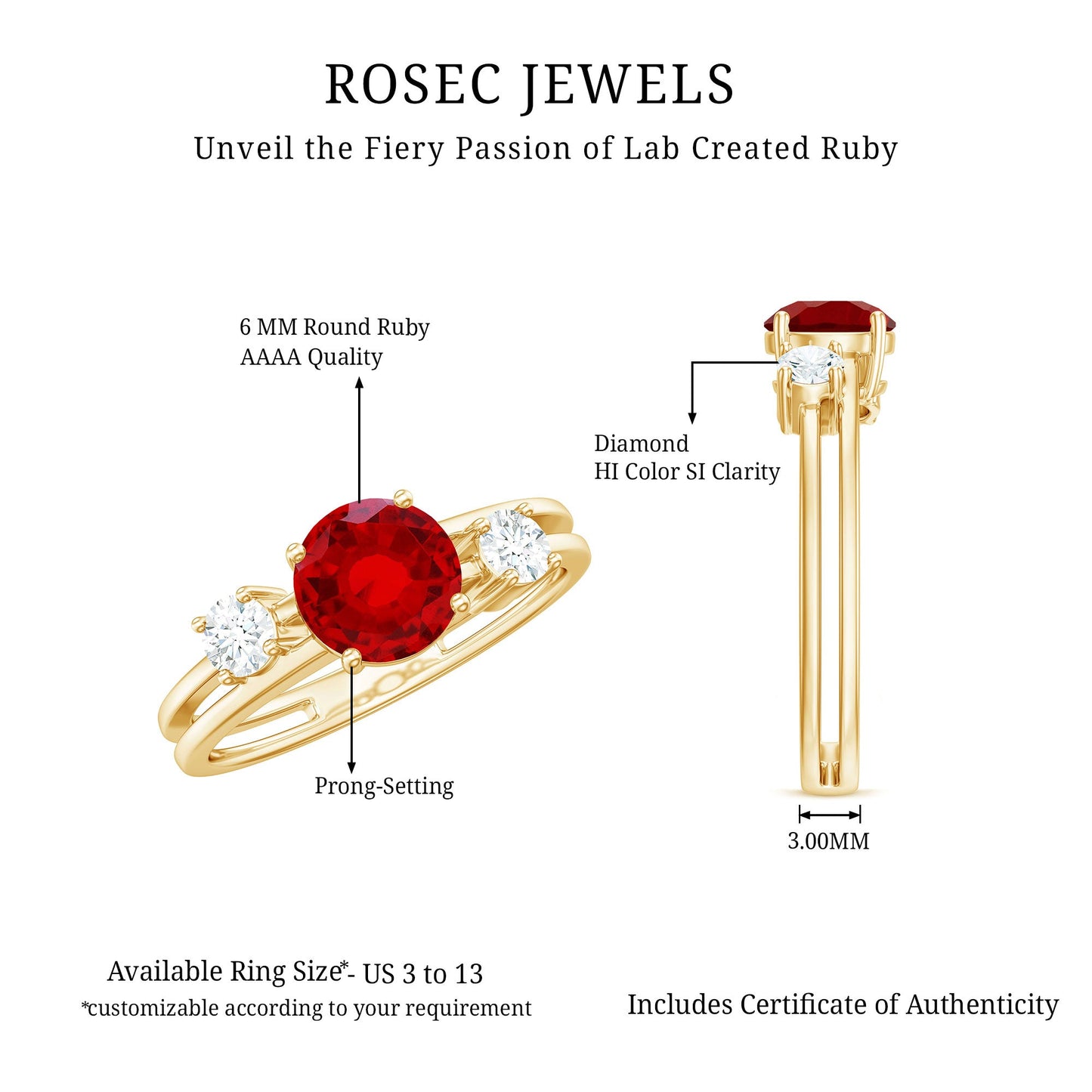 Certified 1.3 Carat Lab Grown Ruby Double Band Engagement Ring with Diamond
