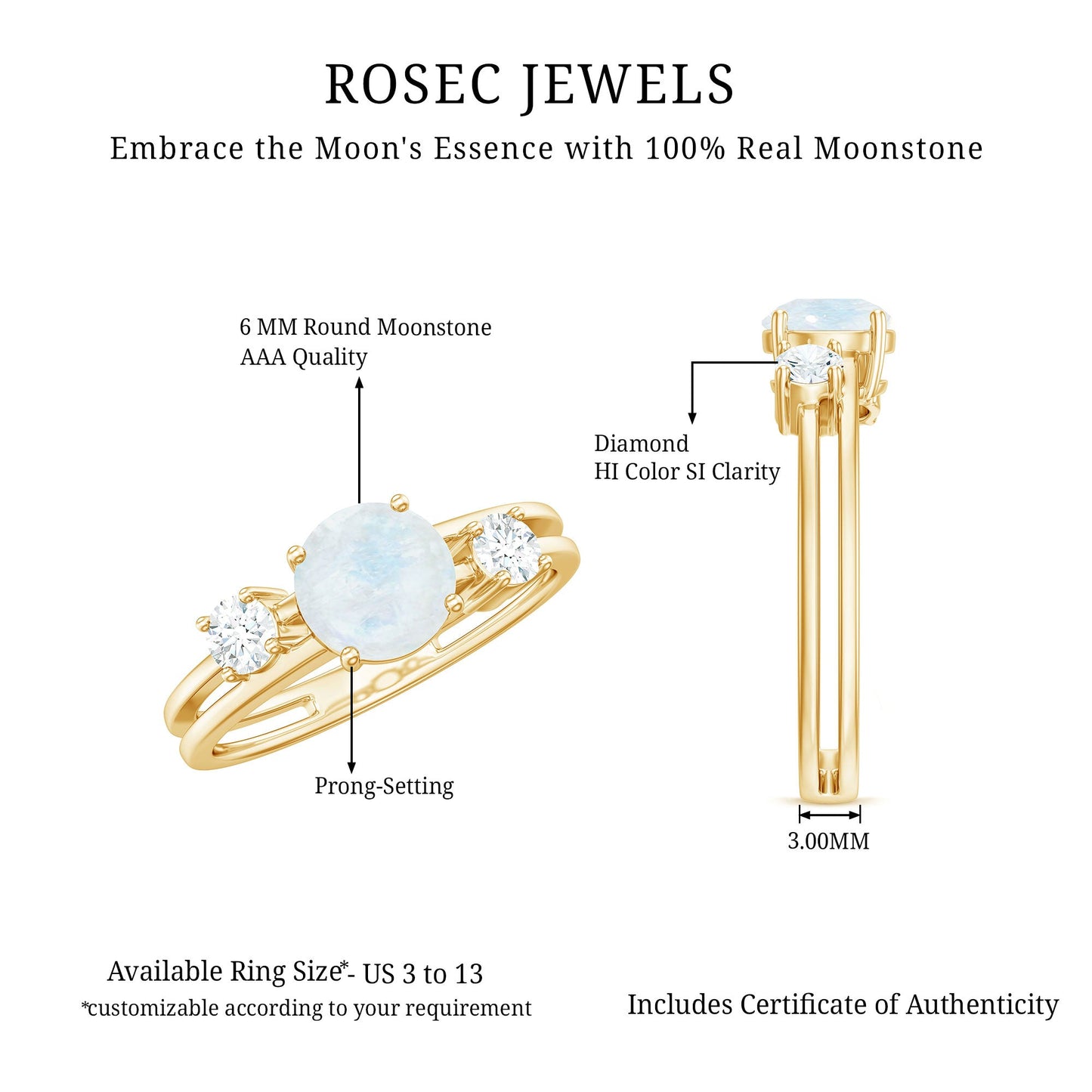 0.3 Carat Moonstone Solitaire Double Band Ring with Diamond