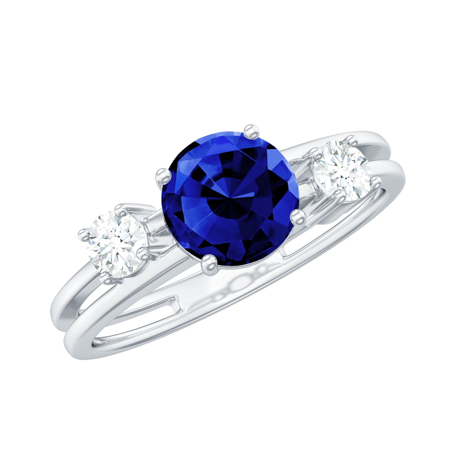 Certified 1 Carat Lab Grown Blue Sapphire Double Band Engagement Ring with Diamond