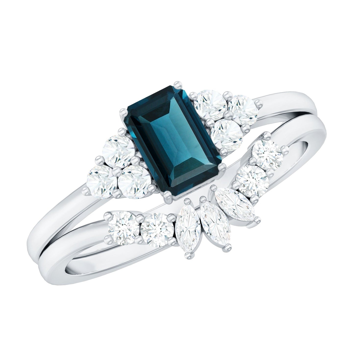 0.7 Carat Emerald Cut London Blue Topaz Designer Bridal Ring Set with Diamond
