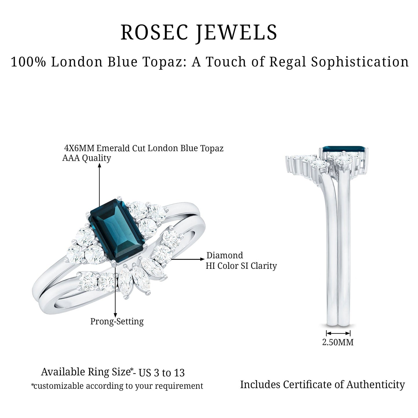 0.7 Carat Emerald Cut London Blue Topaz Designer Bridal Ring Set with Diamond