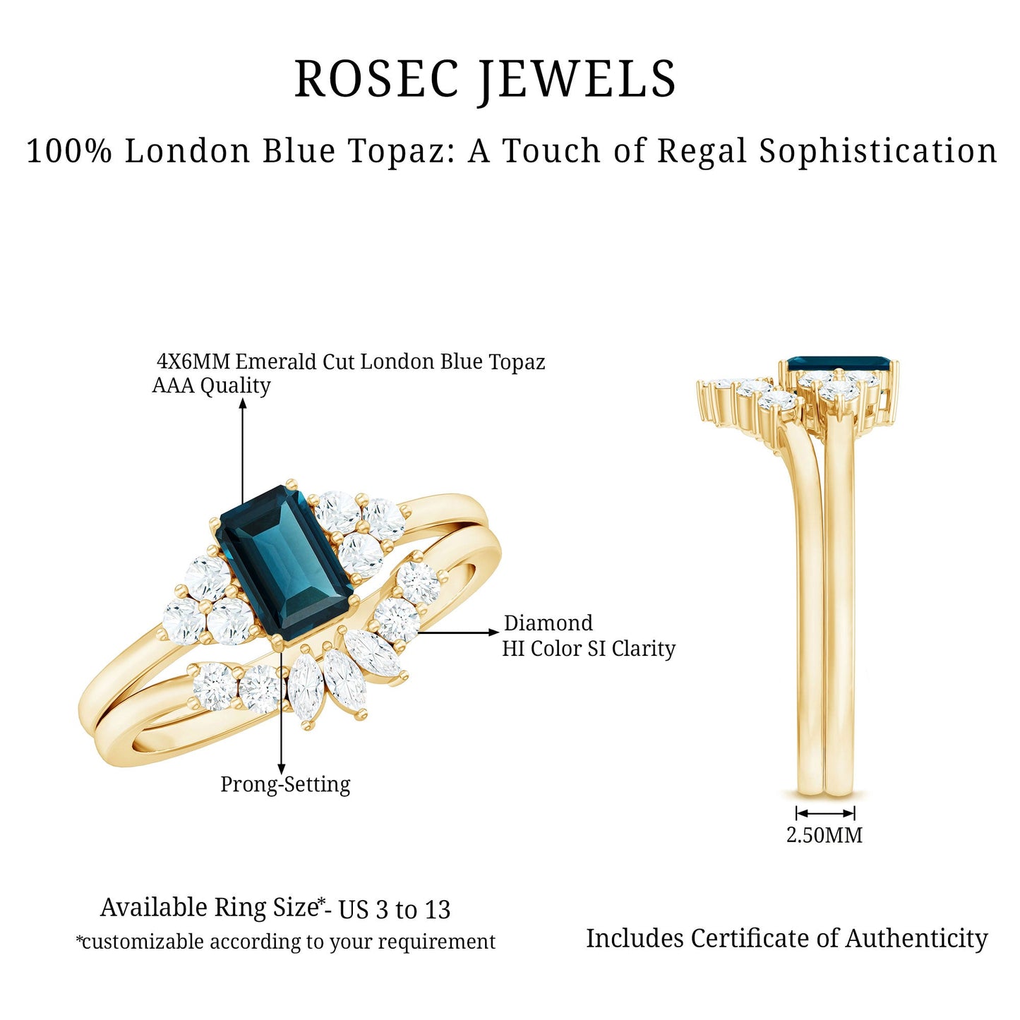 0.7 Carat Emerald Cut London Blue Topaz Designer Bridal Ring Set with Diamond