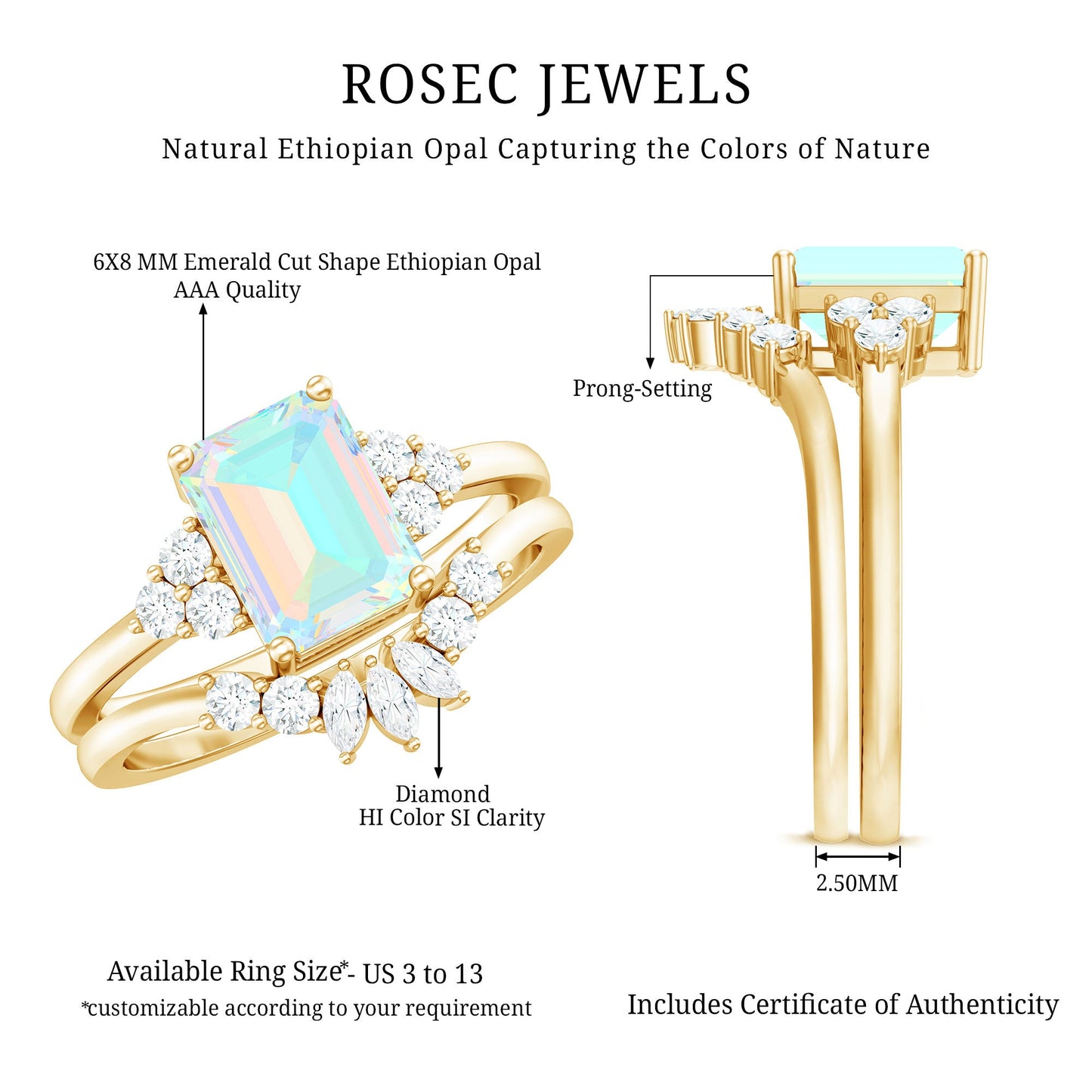 Certified Real Ethiopian Opal Diamond Emerald Cut Engagement Ring with Enhancer