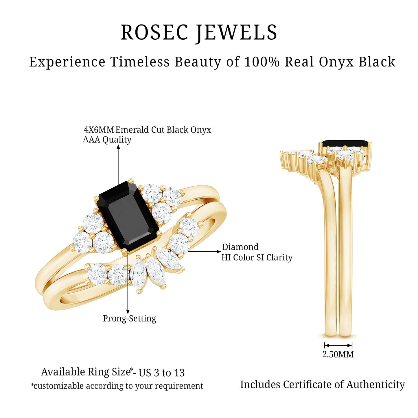 Emerald Cut Black Onyx Engagement Ring with Diamond Wedding Band