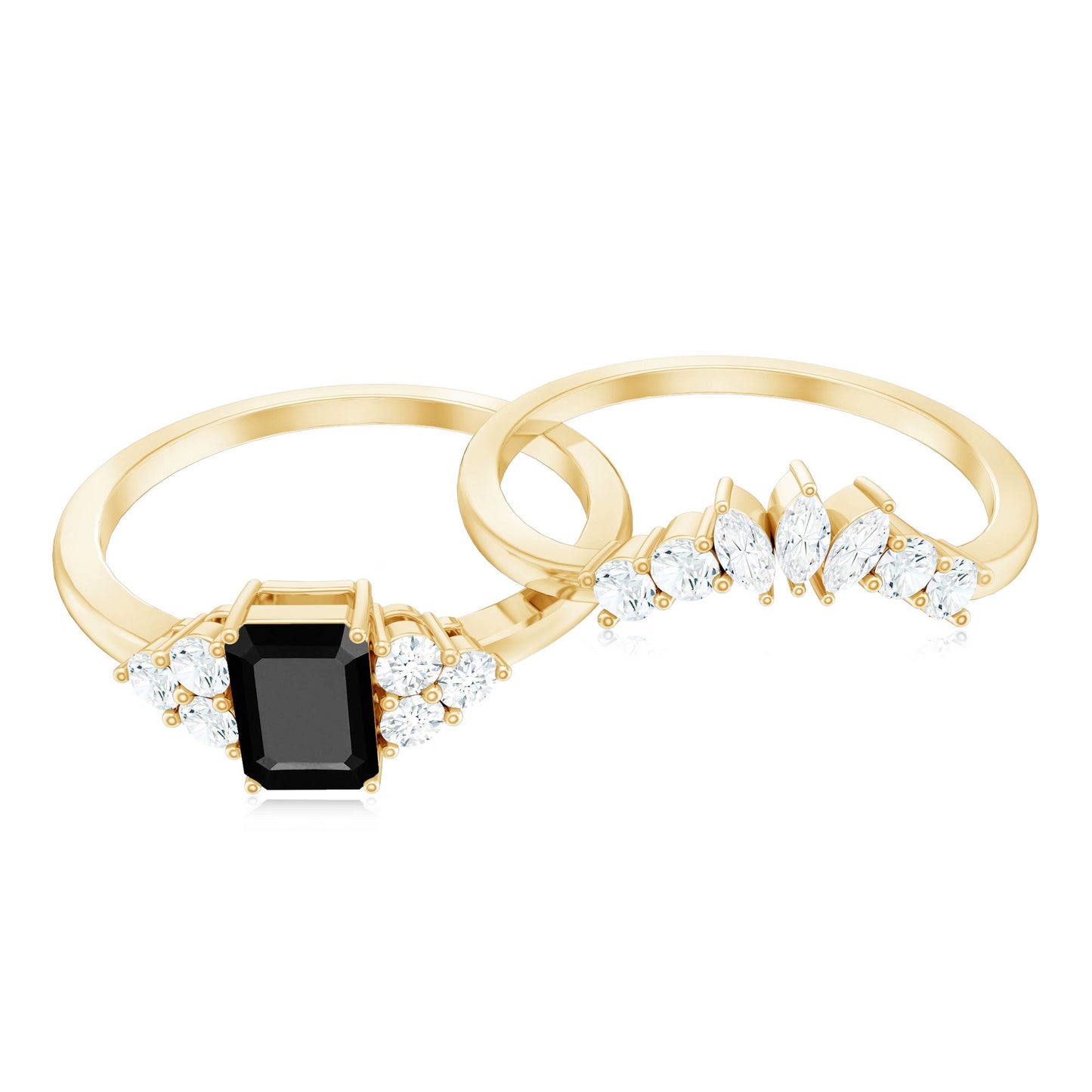 Emerald Cut Black Onyx Engagement Ring with Diamond Wedding Band
