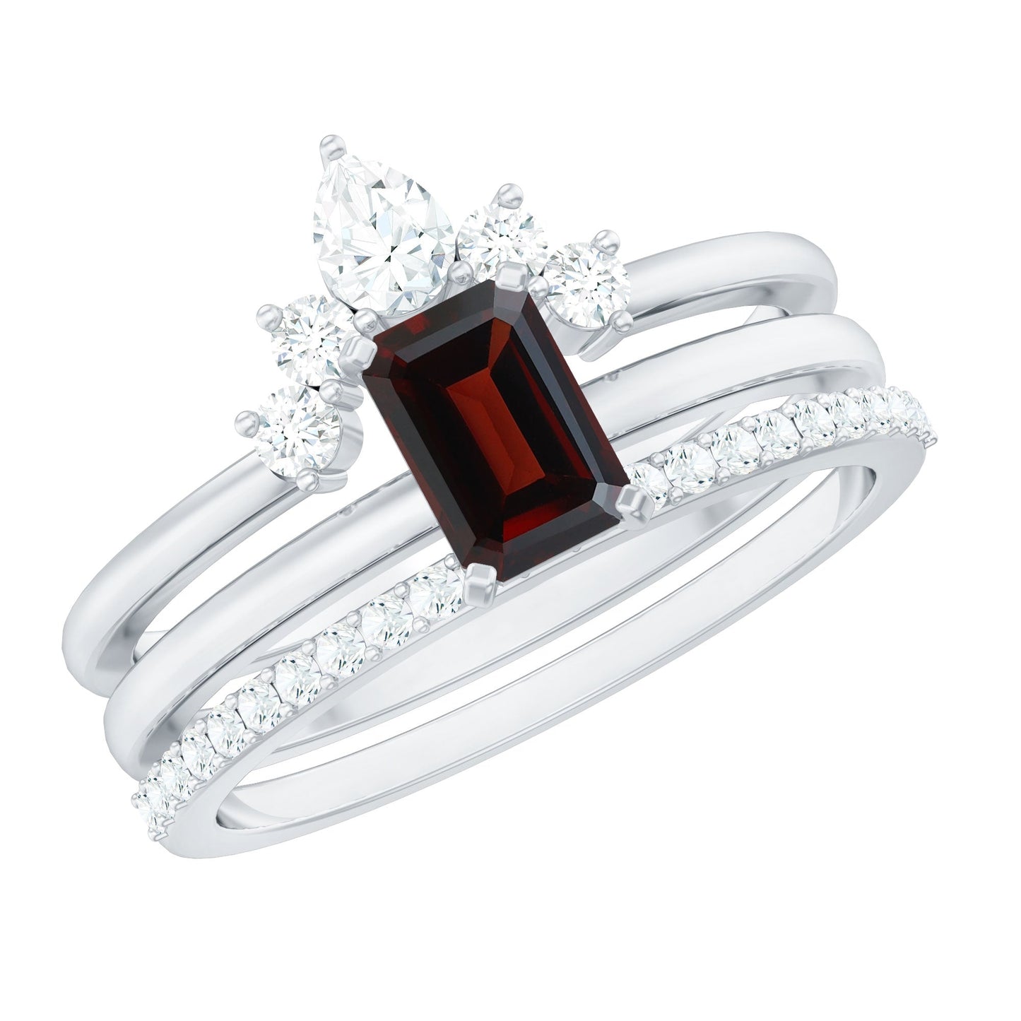 0.7 Carat Natural Emerald Cut Garnet Diamond 3 Piece Wedding Ring Set
