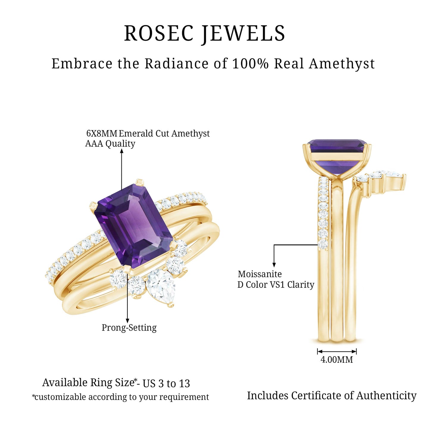 Natural 1.4 Carat Amethyst 3 Piece Bridal Ring Set with Diamond