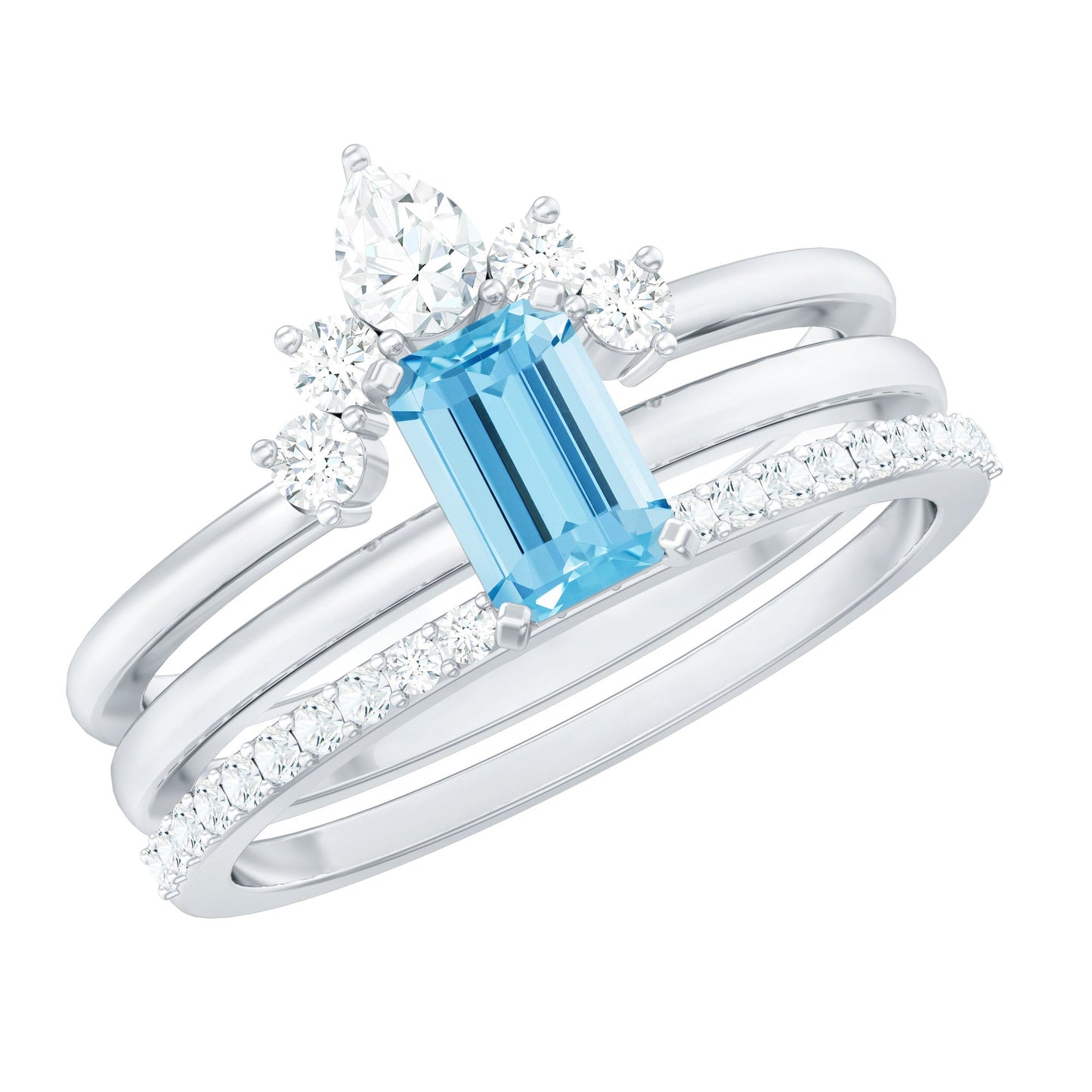 Emerald Cut 0.6 Carat Aquamarine Solitaire Ring Set of 3 with Diamond