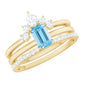 Emerald Cut 0.6 Carat Aquamarine Solitaire Ring Set of 3 with Diamond
