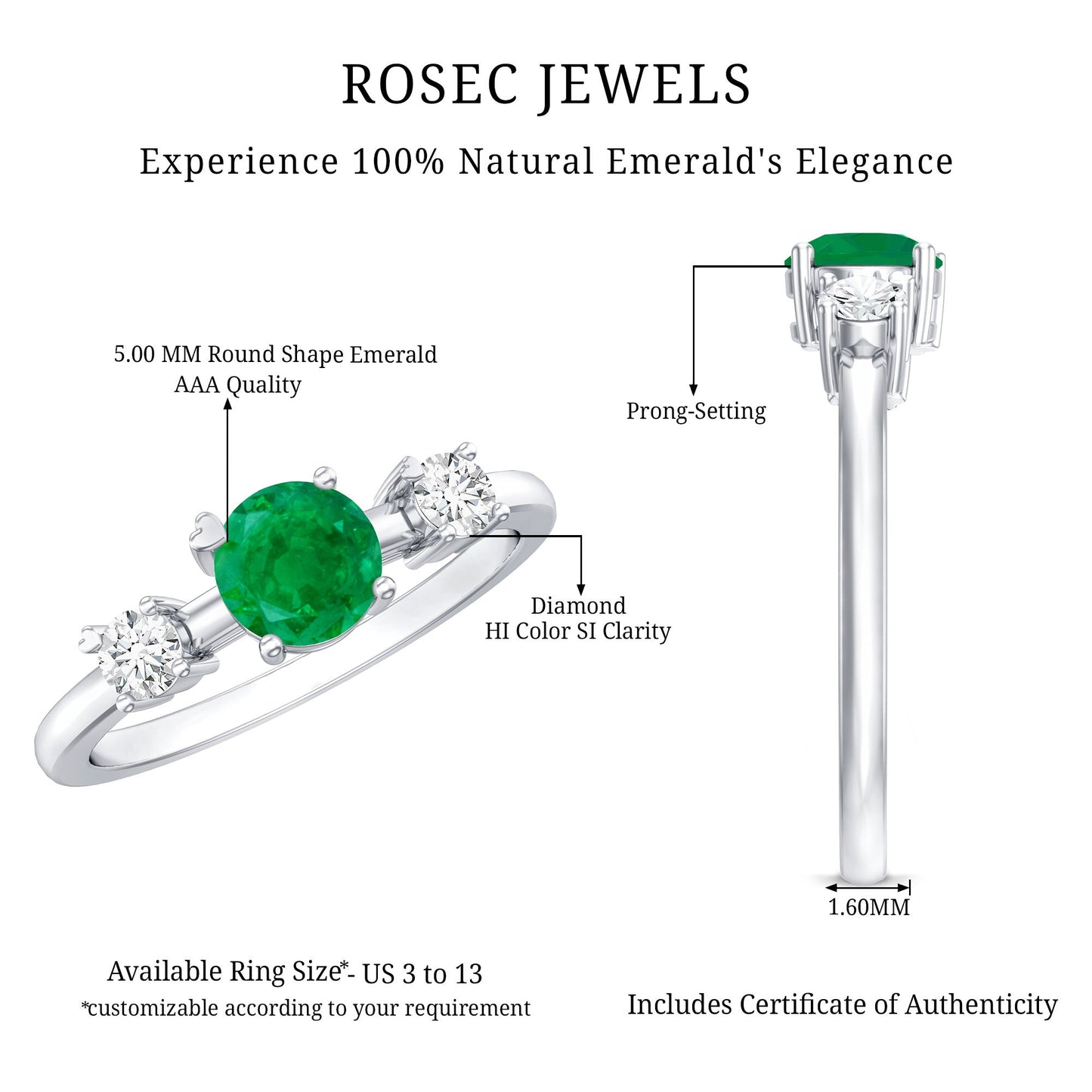 Genuine Emerald and Diamond Promise Three Stone Ring