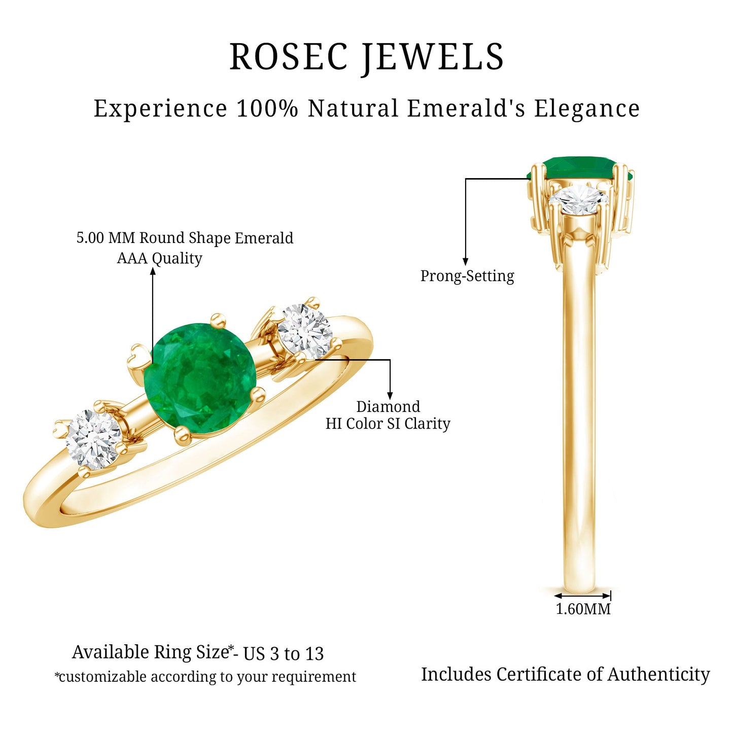 Genuine Emerald and Diamond Promise Three Stone Ring