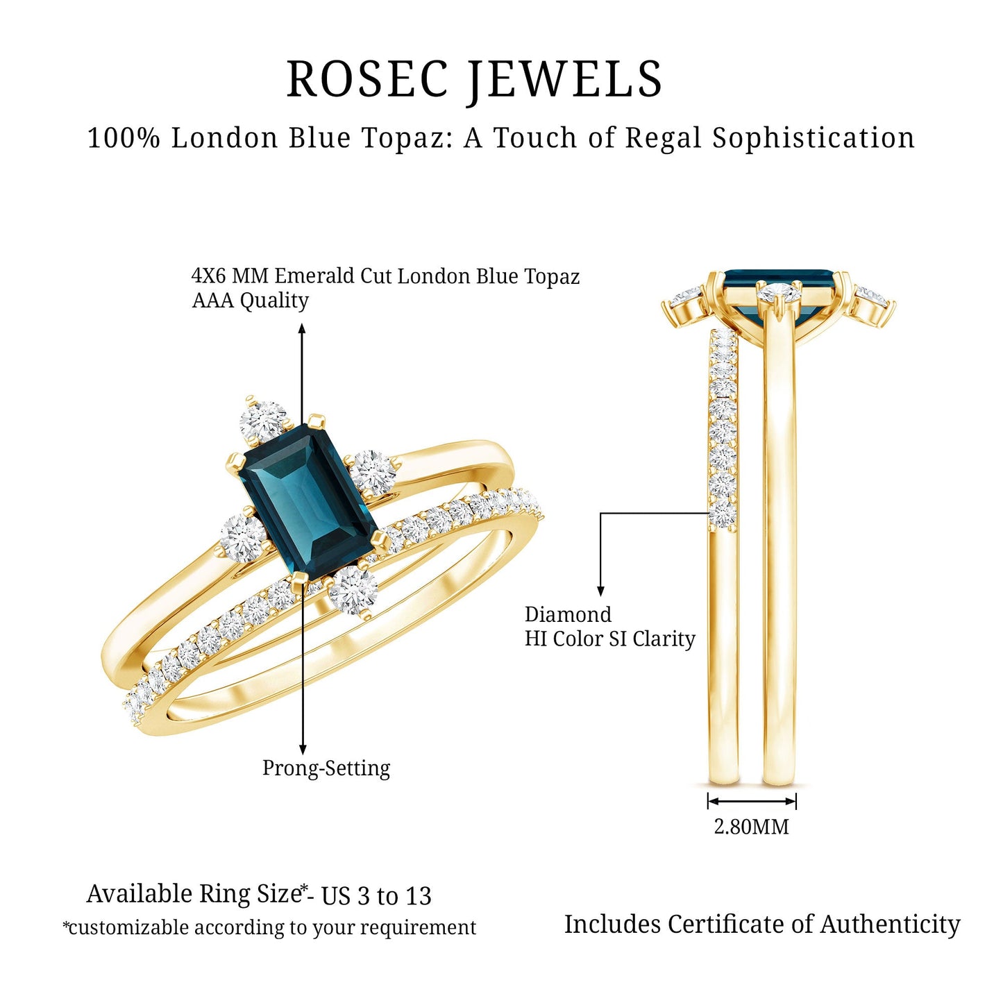 0.7 Carat Emerald Cut London Blue Topaz Wedding Ring Set with Diamond Band