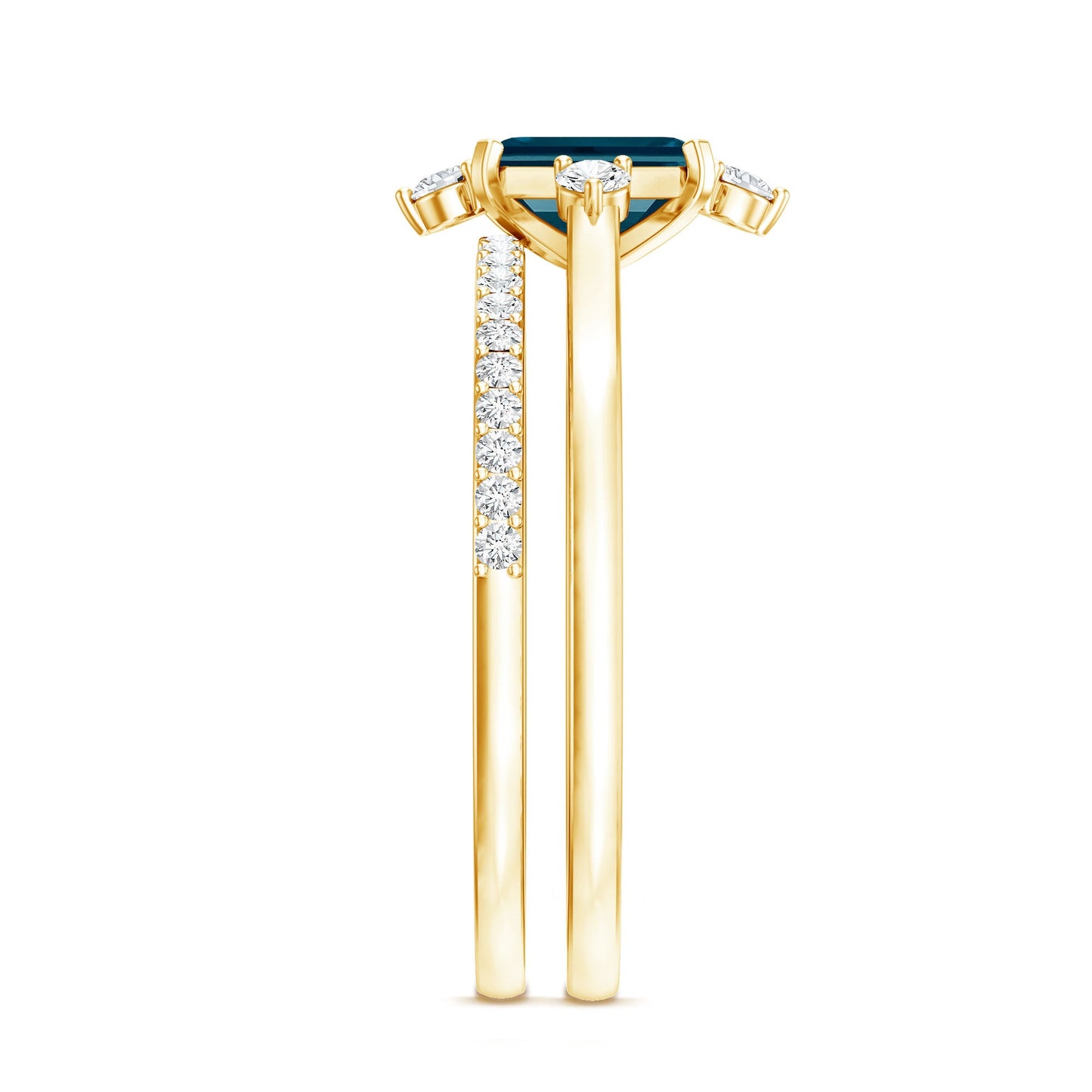 0.7 Carat Emerald Cut London Blue Topaz Wedding Ring Set with Diamond Band