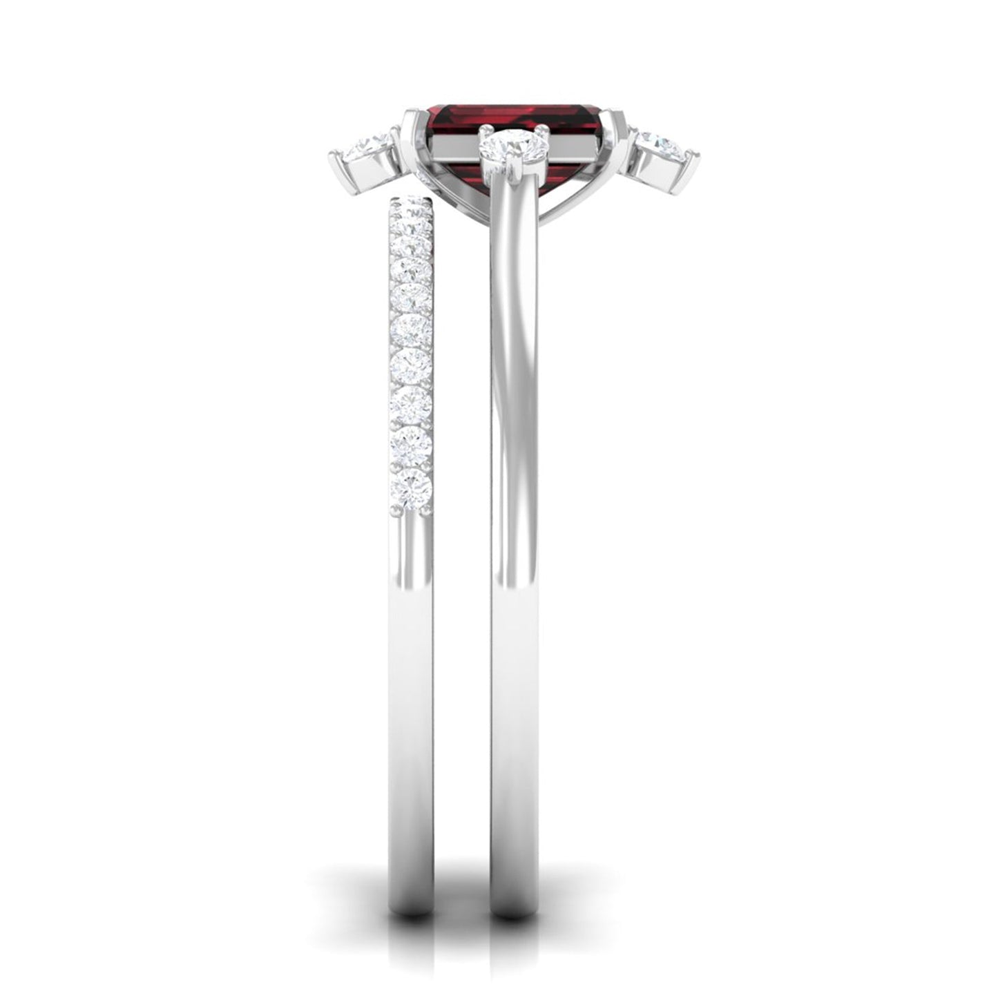 0.7 Carat Natural Emerald Cut Garnet Diamond Wedding Bridal Ring Set of 2