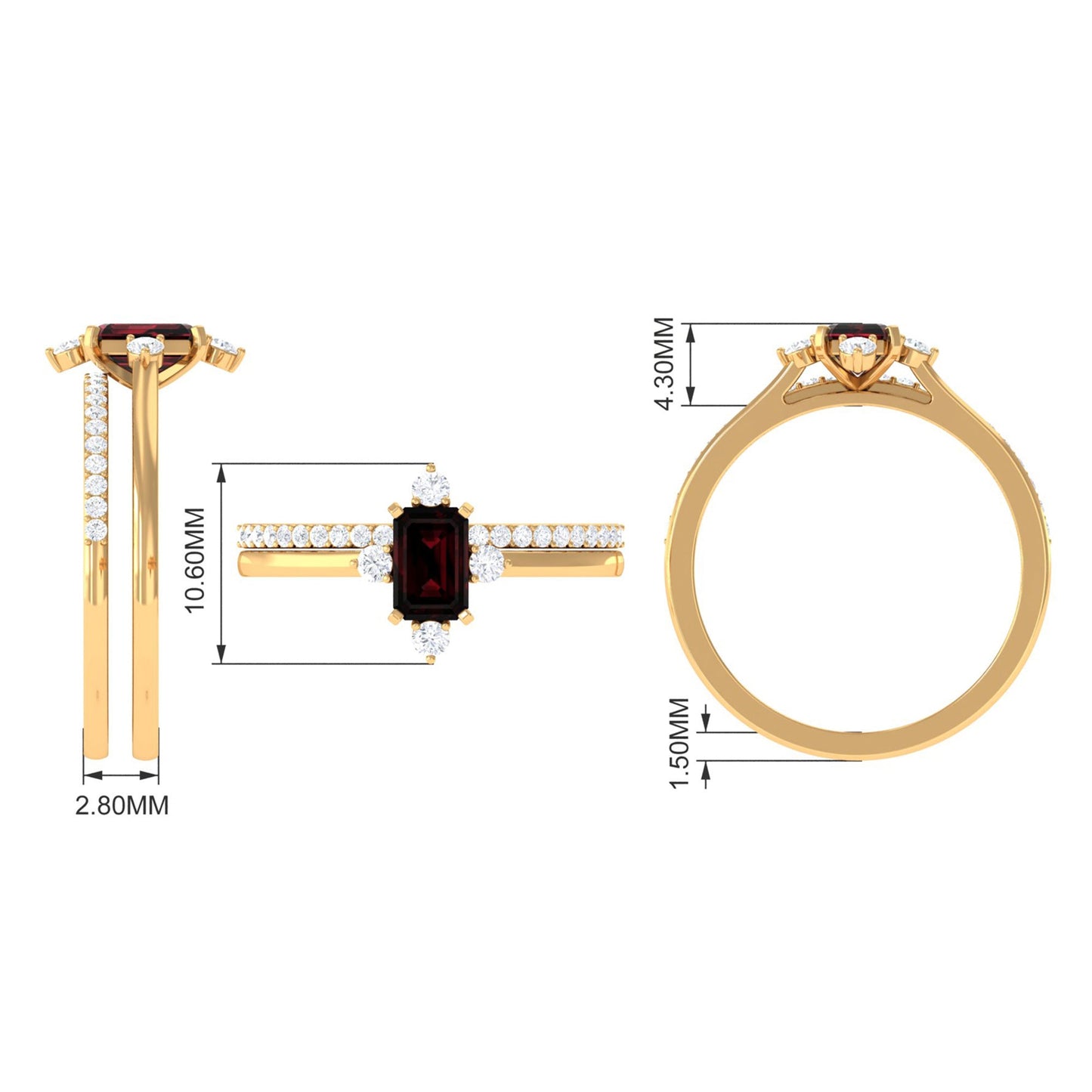 0.7 Carat Natural Emerald Cut Garnet Diamond Wedding Bridal Ring Set of 2