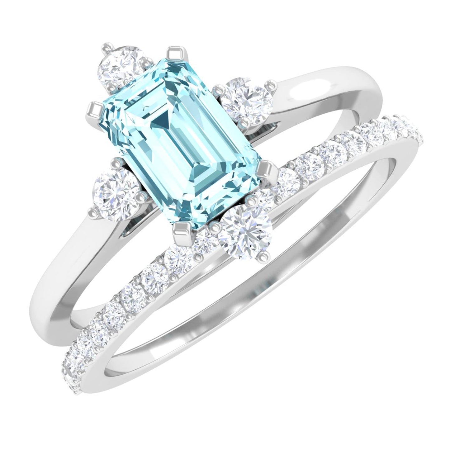 Emerald Cut Genuine Aquamarine and Diamond Designer Engagement Ring Set