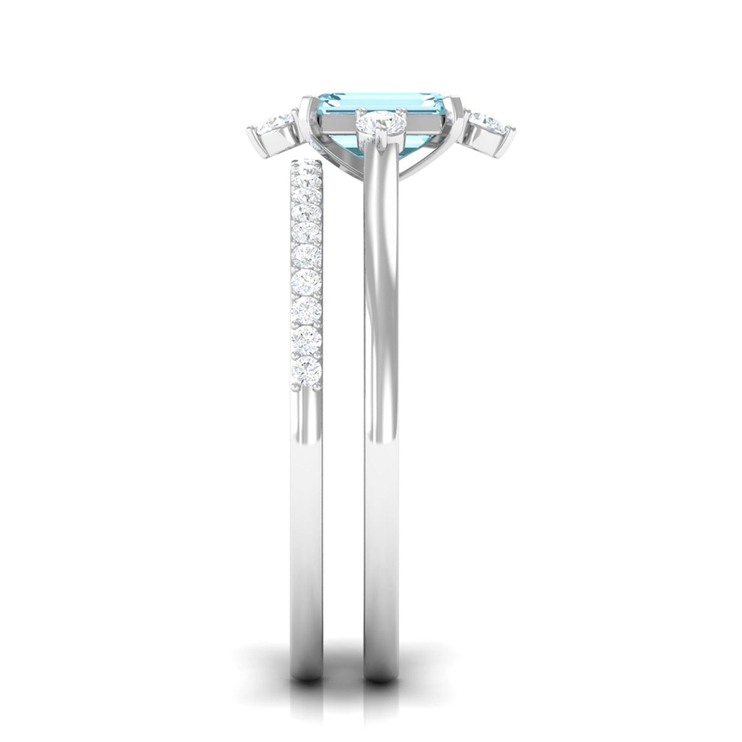 Emerald Cut Genuine Aquamarine and Diamond Designer Engagement Ring Set
