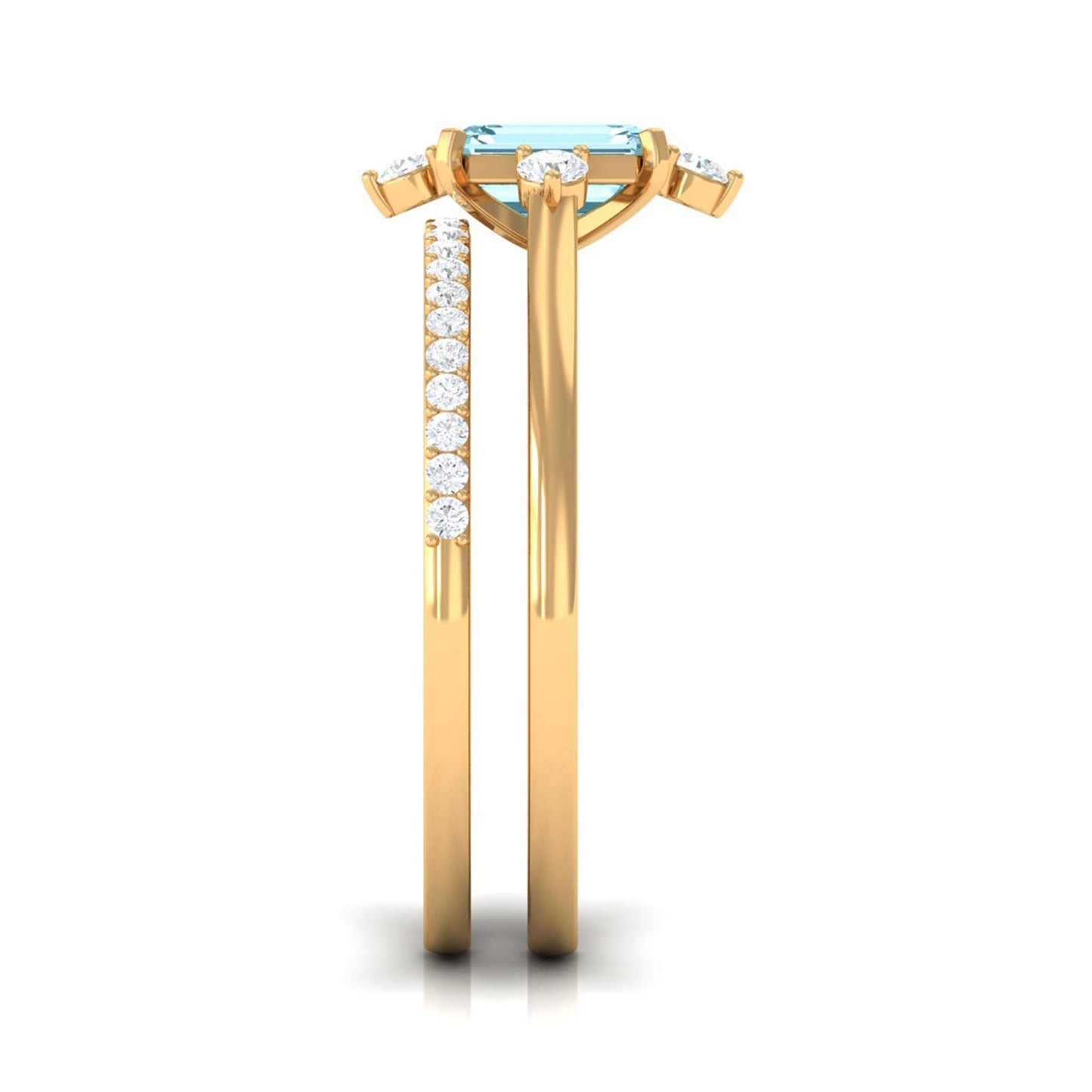 Emerald Cut Genuine Aquamarine and Diamond Designer Engagement Ring Set