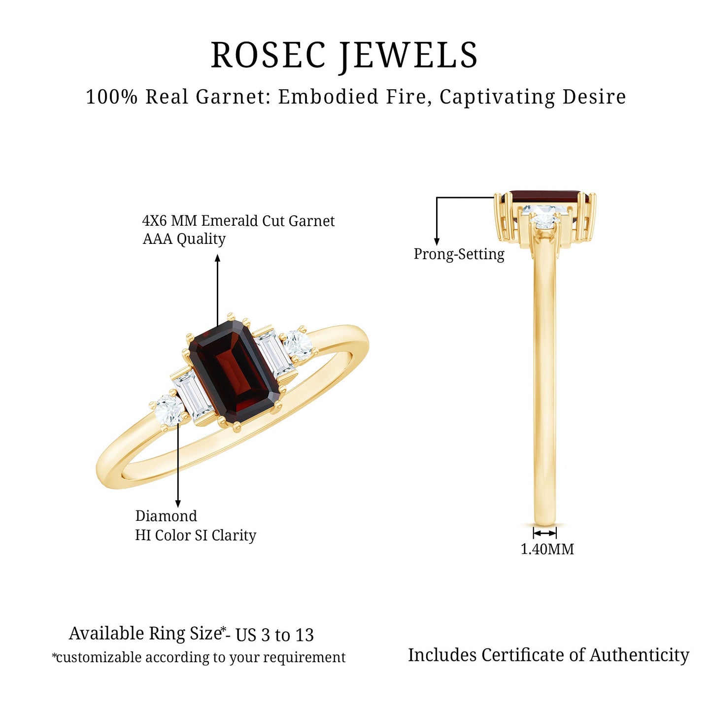 Certified Garnet Emerald Cut Engagement Ring with Real Diamond
