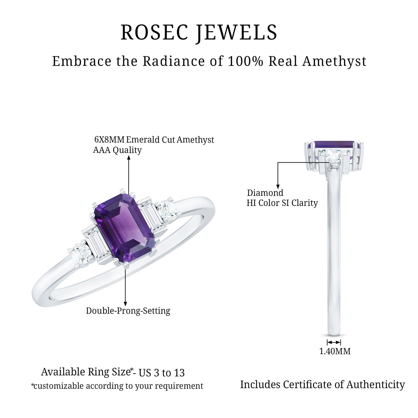 1.4 Carat Amethyst Emerald Cut Engagement Ring with Diamond