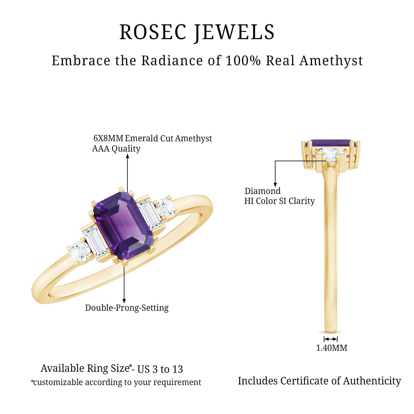 1.4 Carat Amethyst Emerald Cut Engagement Ring with Diamond