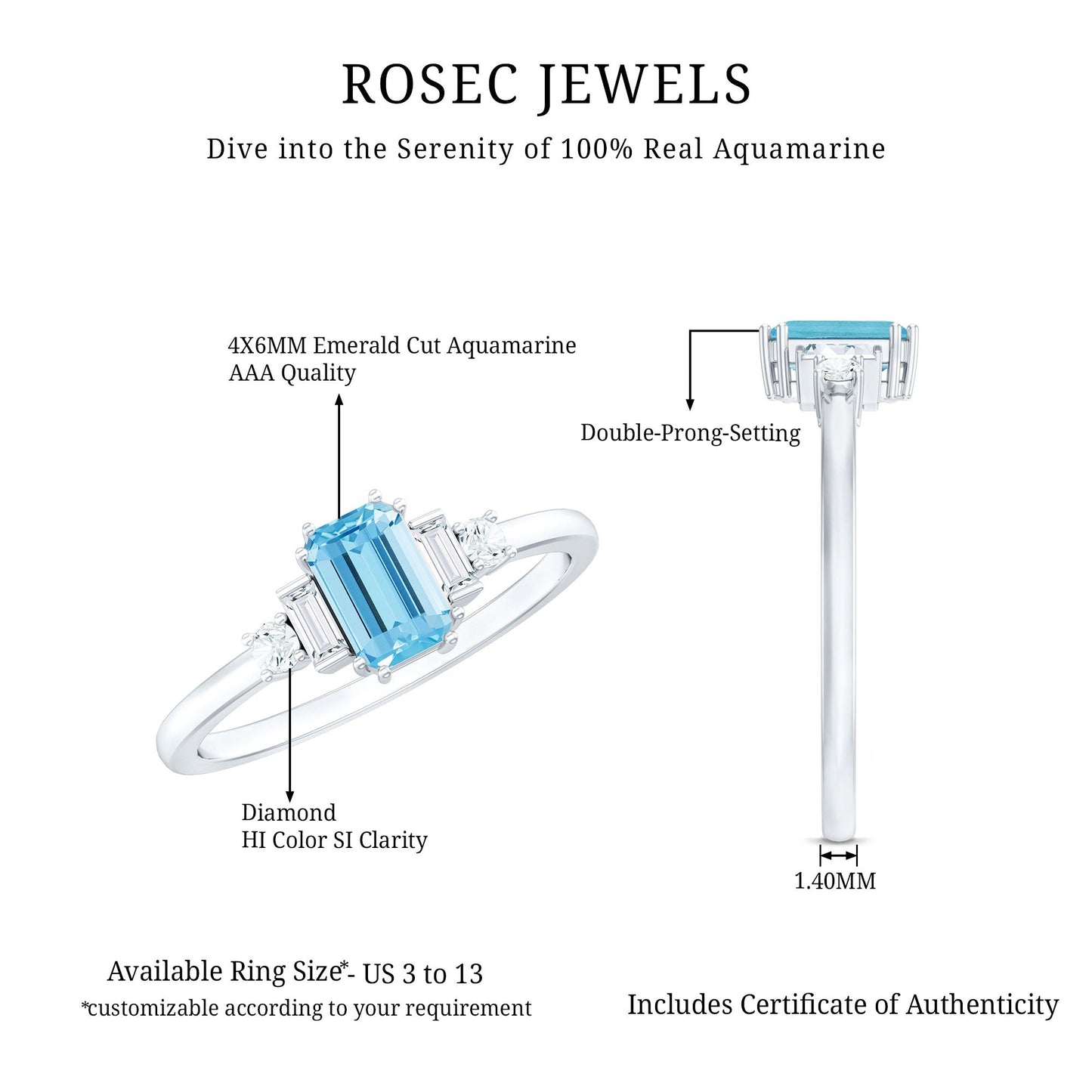Real 0.6 Carat Aquamarine Emerald Cut Engagement Ring with Diamond