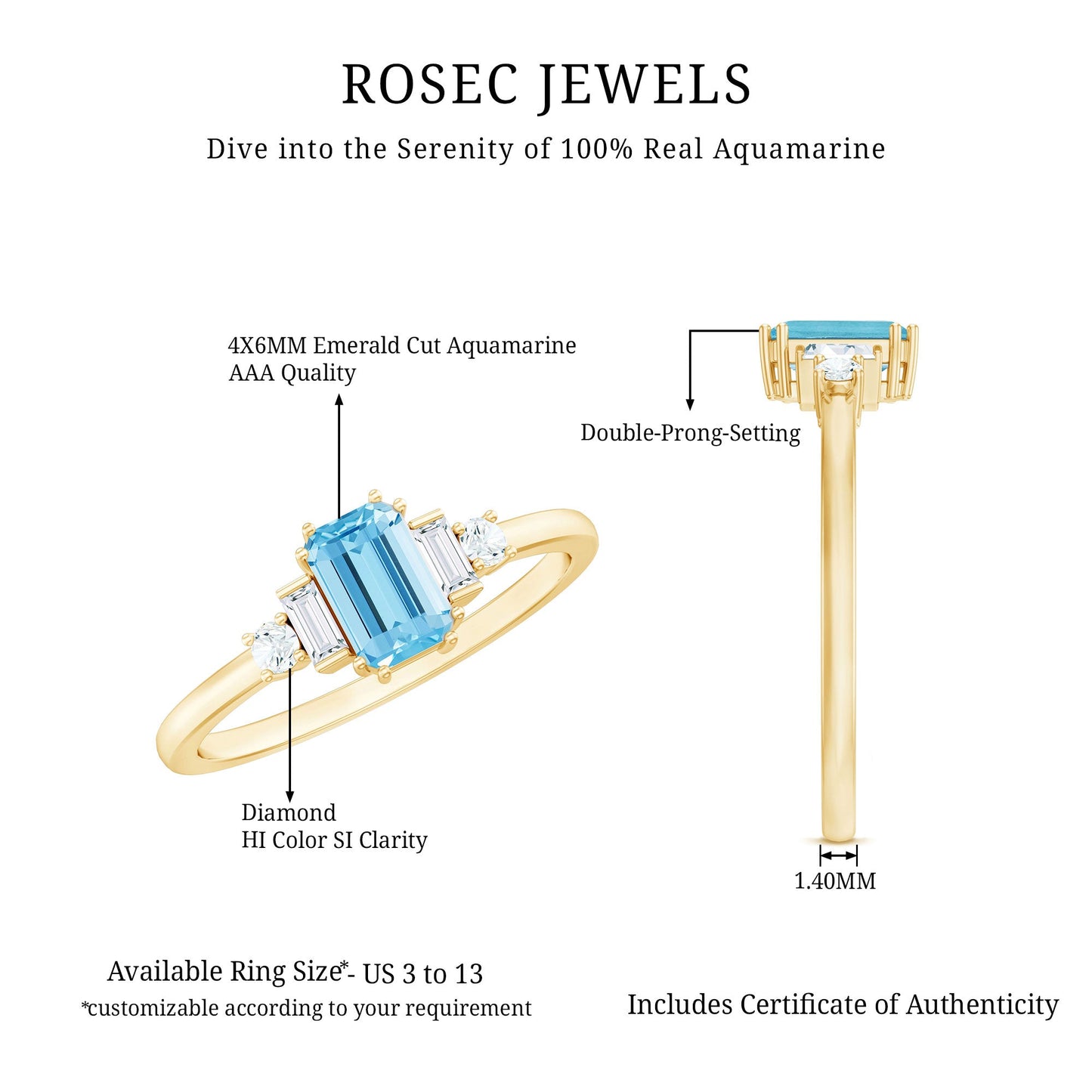 Real 0.6 Carat Aquamarine Emerald Cut Engagement Ring with Diamond
