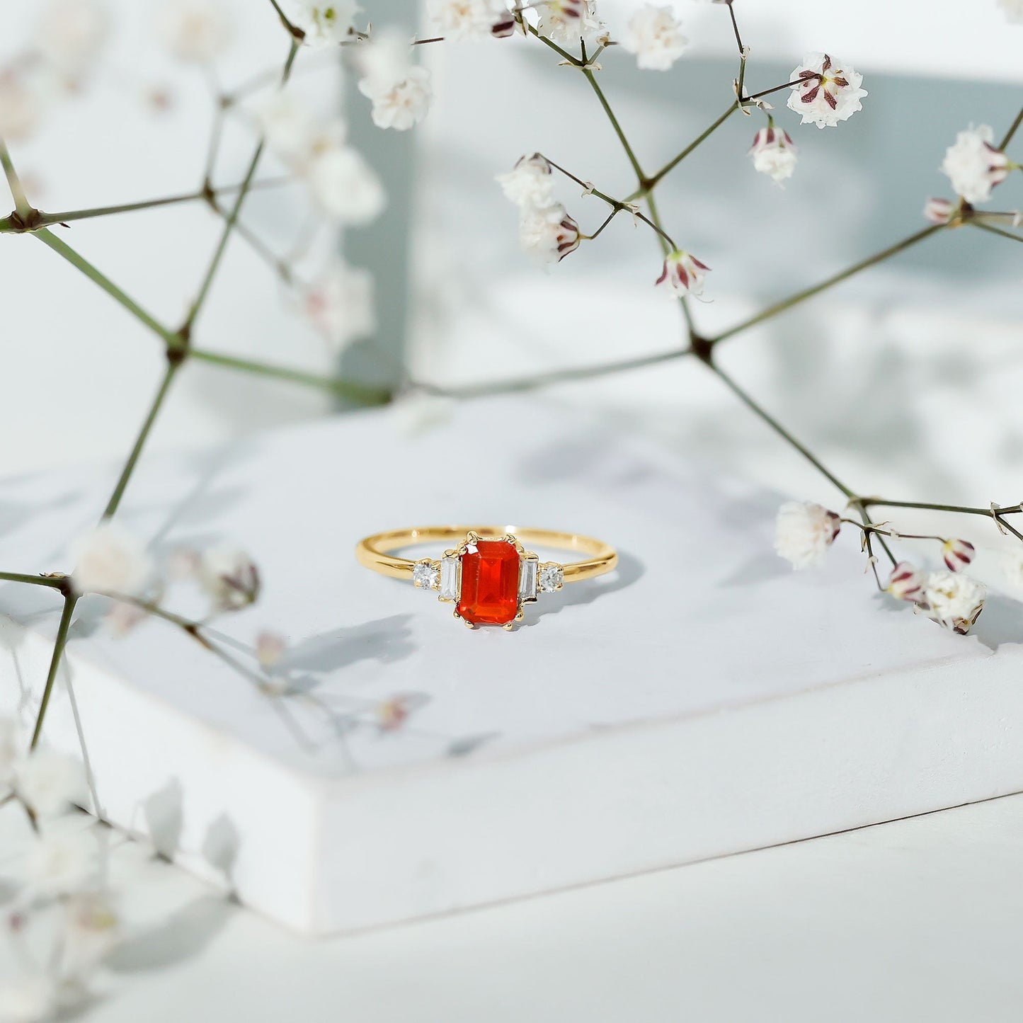 1 CT Emerald Cut Fire Opal Engagement Ring with Diamond