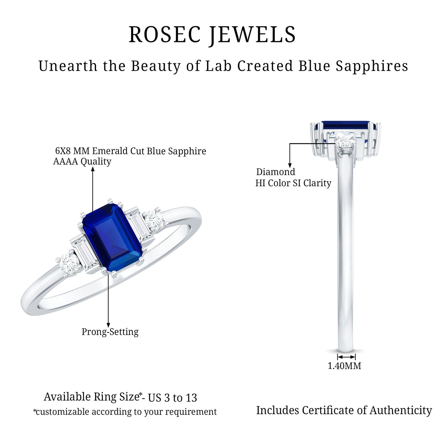 Certified 1.75 Carat Lab Grown Blue Sapphire Emerald Cut Engagement Ring with Diamond